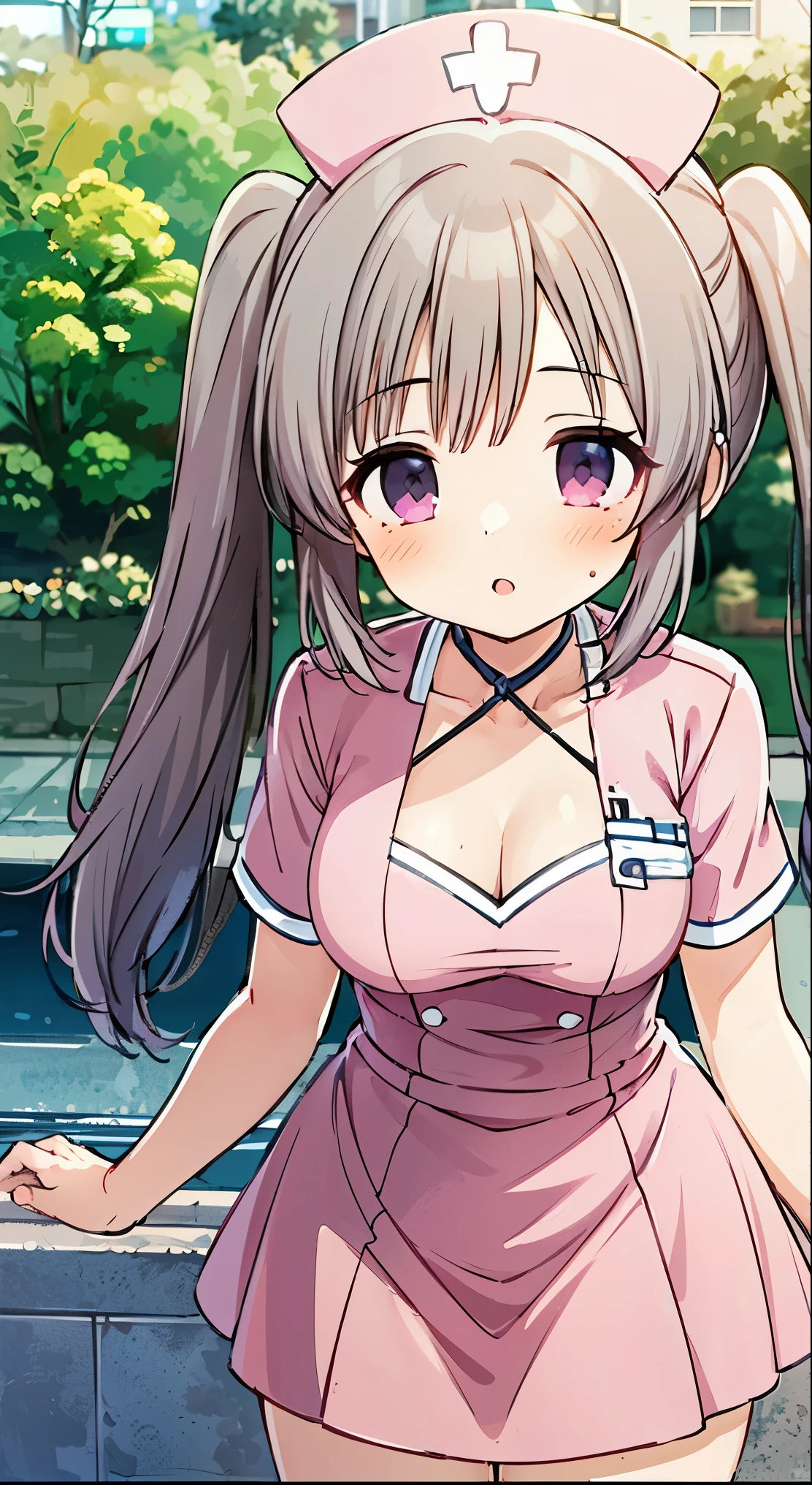 masterpiece, highest quality, (anime screencap:1.3),(shape), cute,(simple:1), (anime:1.2),Solo Sharp Focus, 1 girl, cleavage,looking at the viewer, Japan,silver hair,((mini skirt)),Are standing, twin tails, ,((nurse)),pink,hospital,