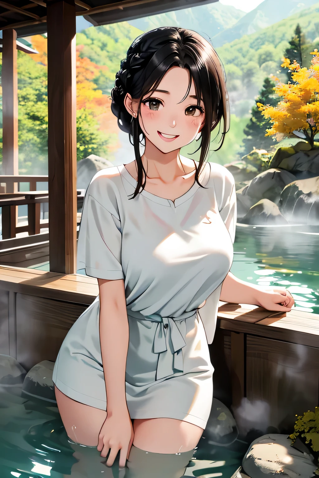 Tanned woman with big 、Brown Hair、Long Wavy Hair、White shirt、Black Bra、Black panties、Hot spring inn、a bright moon shines over beautiful scenery of garden and river in night time, moon, architecture, tree, east asian architecture, full moon, scenery, night, cloud, sky