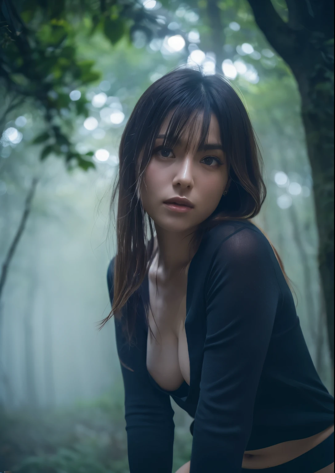 NSFW,(cammel toe),(Best Quality:1.2), female dog,(Female genitals:1.1),in 8K, Raw photo, (Dark blue eyes :1.1), full body Esbian,Beautiful sexual woman, Aura with a sense of transparency,face lights, profetional lighting, Cinematic lighting, In the thick fog of the forest
