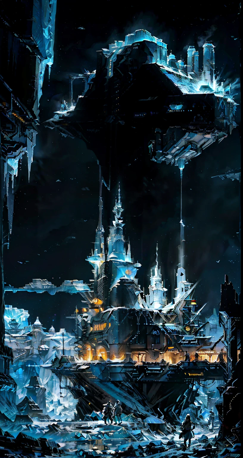 In the dimly lit cyberpunk landscape, a towering iceberg looms large, its once pristine surface now marred with mechanical faults and broken edges. Covered in a thick blanket of snow, the icy monolith stands out against the backdrop of a dark, grungy dungeon, where gears and pipes extend from every angle, creating an intricate web of mechanical complexities. Icicles hang precariously from the jagged edges of the iceberg, casting long, ominous shadows across the cold, desolate floor. The mood is somber, with an arena-like atmosphere adding an air of anticipation and danger to the eerie scene. The picture exudes