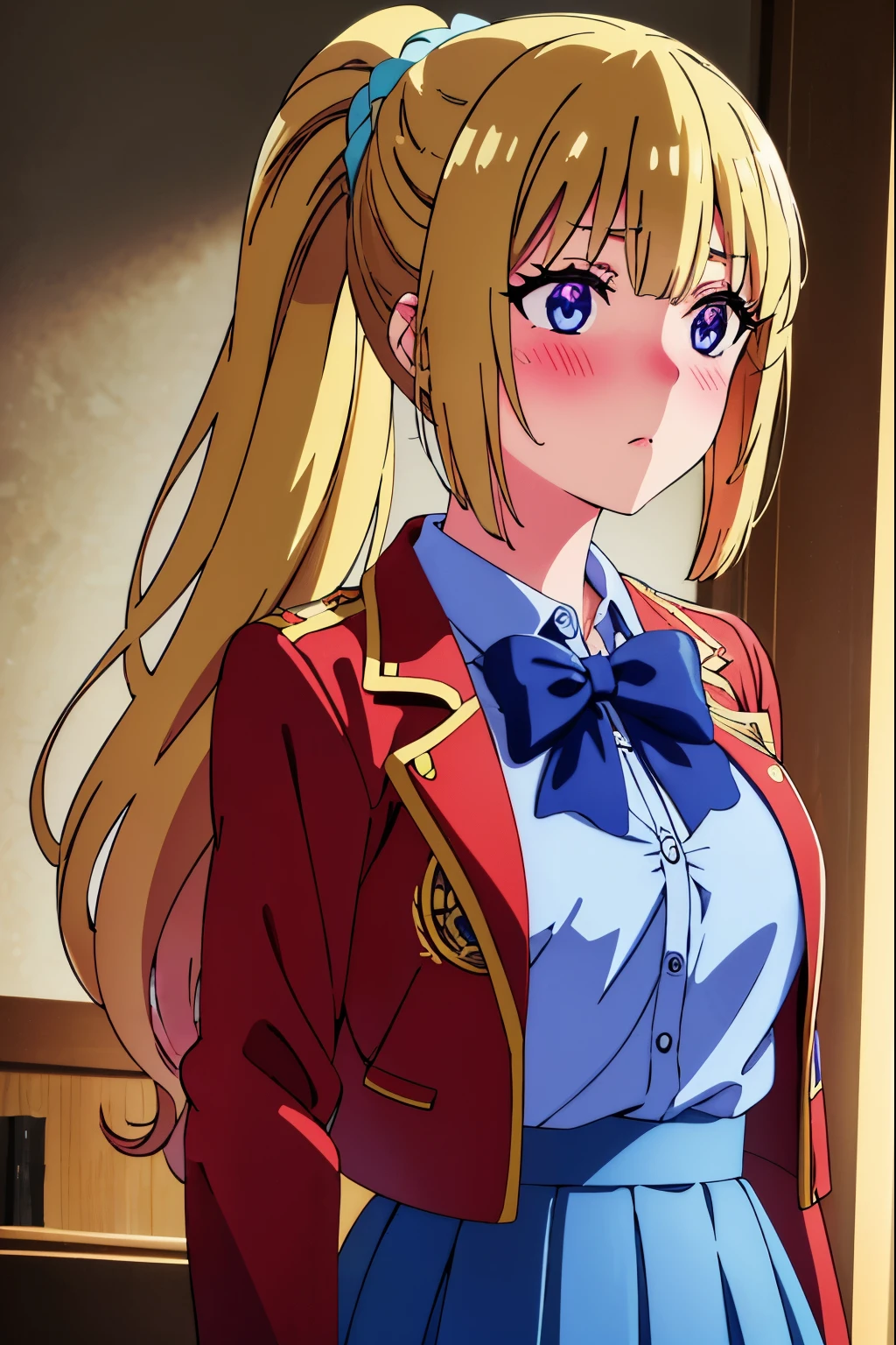 KeiKaruizawa, Kei karuizawa, long hair, bangs, blunt bangs, (purple eyes:1.1), blonde hair, shirt, hair ornaments, ponytail, Scrunchie, blue Scrunchie, (nose blush:1.3)、
break skirt, shirt, bow, , Jacket, (red Jacket:1.2), pleated skirt, bowtie, sweater, (blue bow:1.2), (blue shirt:1.2),
break indoors, classroom,
break looking at viewer, (cowboy shot:1.5),
break (masterpiece:1.2), highest quality, High resolution, unity 8k wallpaper, (figure:0.8), (detailed and beautiful eyes:1.6), highly detailed face, perfect lighting, Very detailed CG, (perfect hands, perfect anatomy),