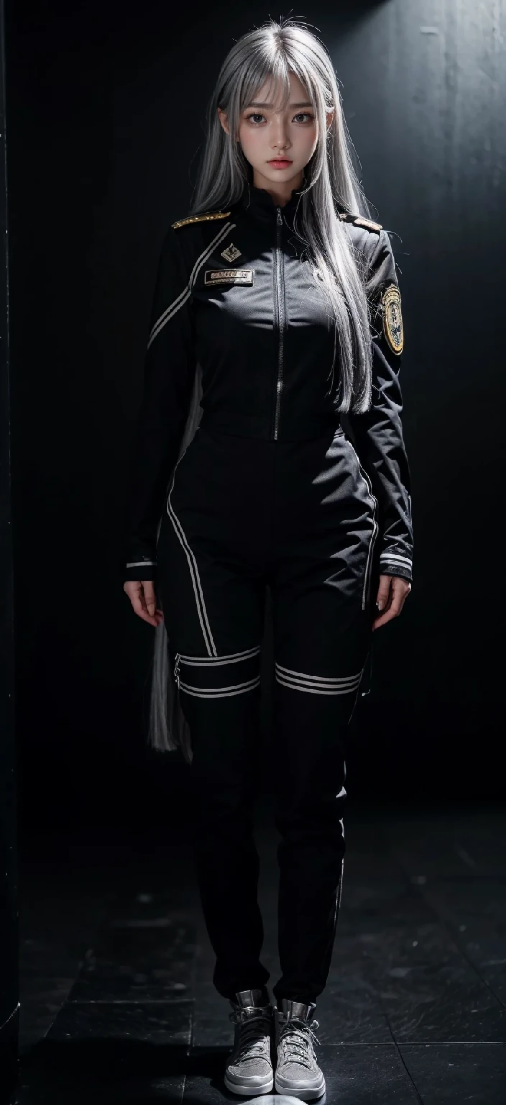 black military uniform,whole body,Height: 168cm,almond shape eyes,{{{{{silver eyes}}}}},{{{{{dull bangs}}}}},(slanted eyes},{{whole body},{{{1 girl}}}, long hair, straight hair,{{{{silver hair}}}},{{{tsurime}}},30 years old,{Medium chest},{{bush}},silver eyes,{{{masterpiece}}}, {{{highest quality}}}, {{Super detailed}}, {shape}, {{very delicate and beautiful}},very detailed,detailed perfect,detailed hyper,Abundant thighs,big ass