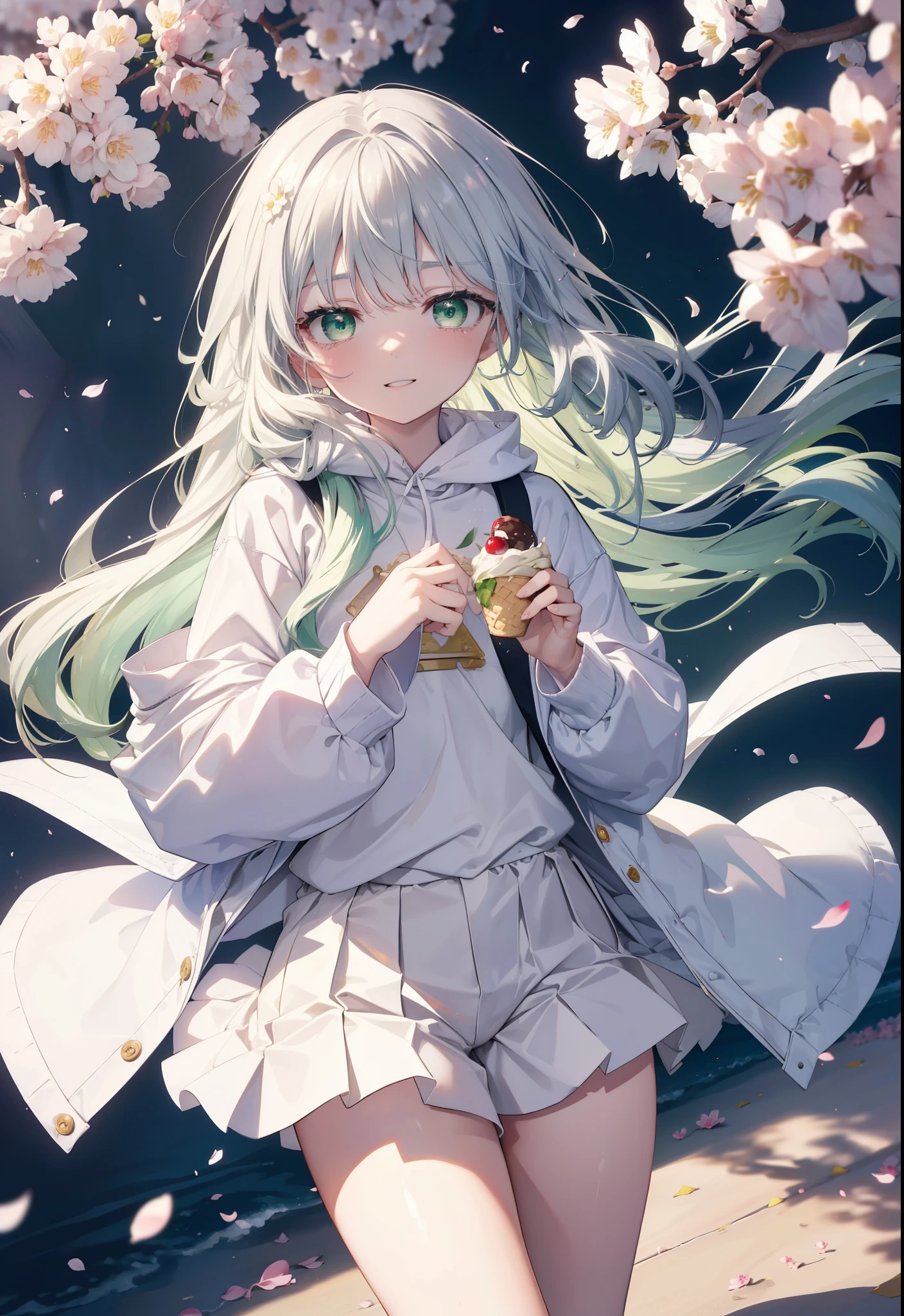 index, index, (green eyes:1.5), silver hair, long hair, (flat chest:1.2),happy smile, smile, open your mouth,White Long Hoodie,shorts,white pantyhose,Mini Boots,He has a soft serve ice cream in his right hand.,ソフトクリームを食べ歩きしているsilver hairの少女,cherry blossoms are blooming,Cherry blossoms are scattered,The cherry blossom tree-lined road is broken, looking at viewer, Upper body, whole body,
break outdoors, Destroy the park (masterpiece:1.2), highest quality, High resolution, unity 8k wallpaper, (figure:0.8), (detailed and beautiful eyes:1.6), highly detailed face, perfect lighting, Very detailed CG, (perfect hands, perfect anatomy),