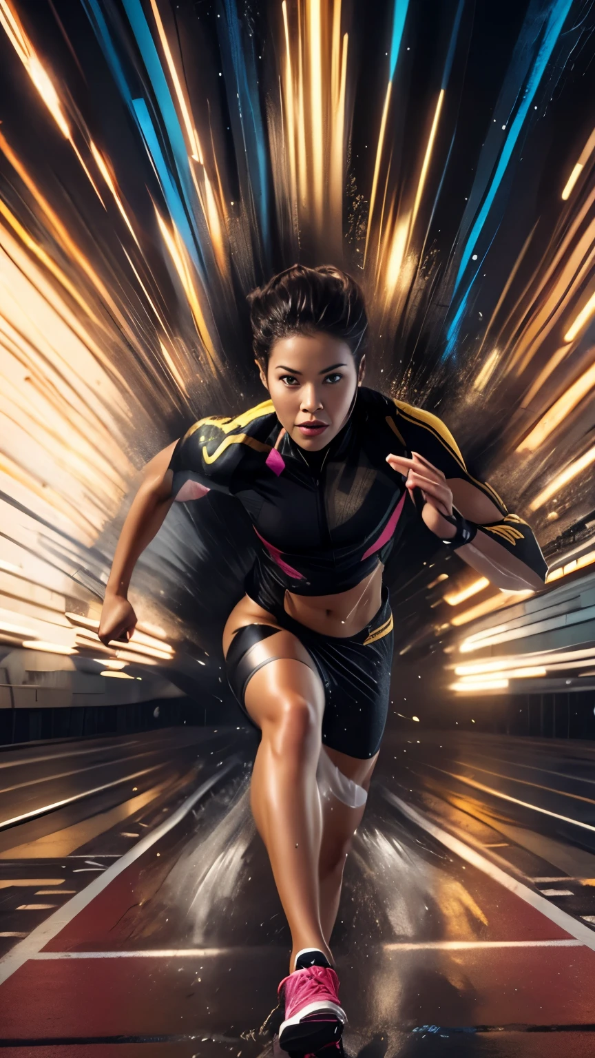 a close up of a women running on a track with a light trail behind her, sprinting, athlete photography, hyperspeed, tracers, athletic body, cover shot, dynamic active running pose, high-speed sports photography, sports photography, by Edwin Georgi, light speed, high speed motion, dynamic movie still, sport photography, movie promotional image, energy pulsing realistic, detailed, 4k