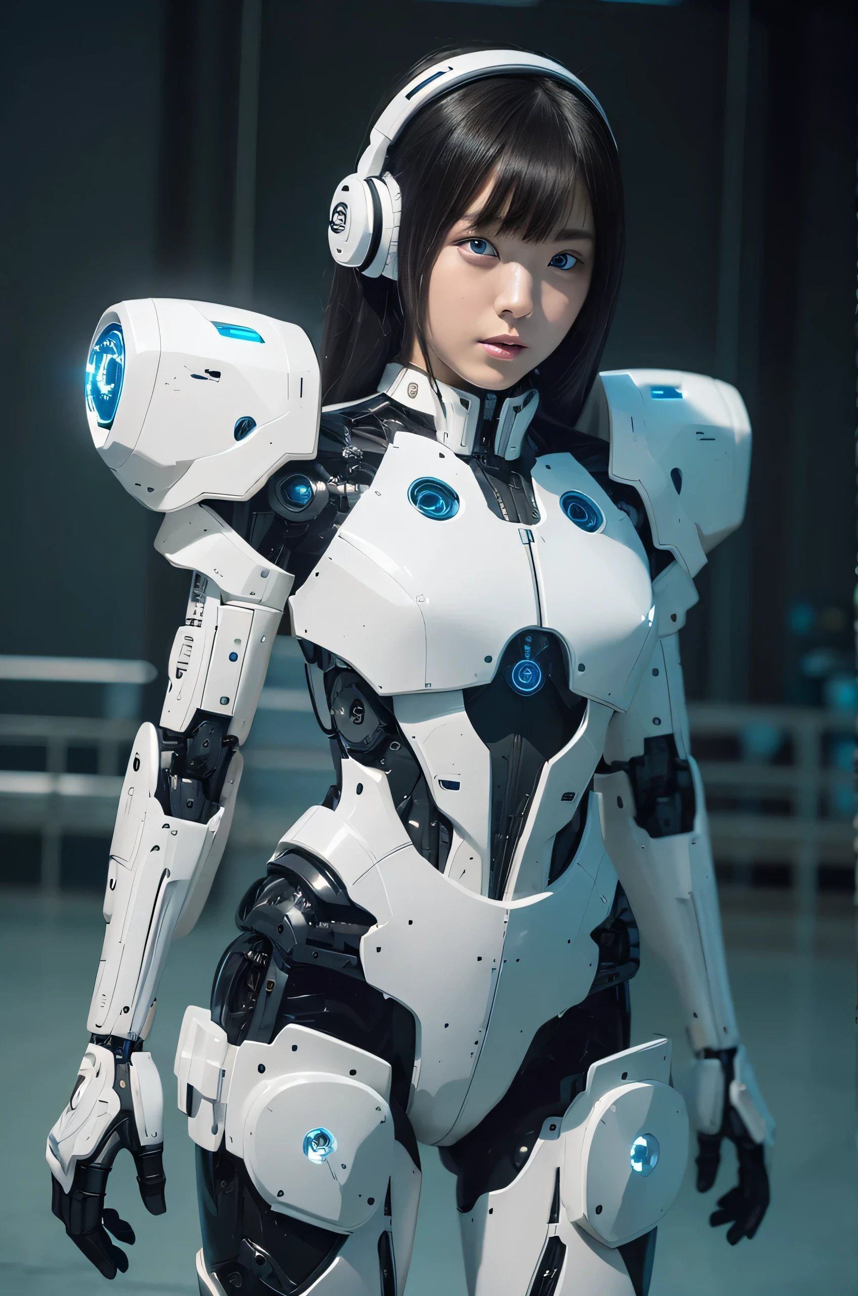 masterpiece, Best Quality, Extremely detailed, 8K Portrait,Japanese android girl,Plump,control panels,android,Droid,Mechanical Hand, ,Robot arms and legs, Black hair,Mechanical body,Blunt bangs,Charging spot,mechanical ear covers,android,robot humanoid,White robot body,mechanical ear covers,White and aqua uniform,aqua accent costume,mittens,blue eyes