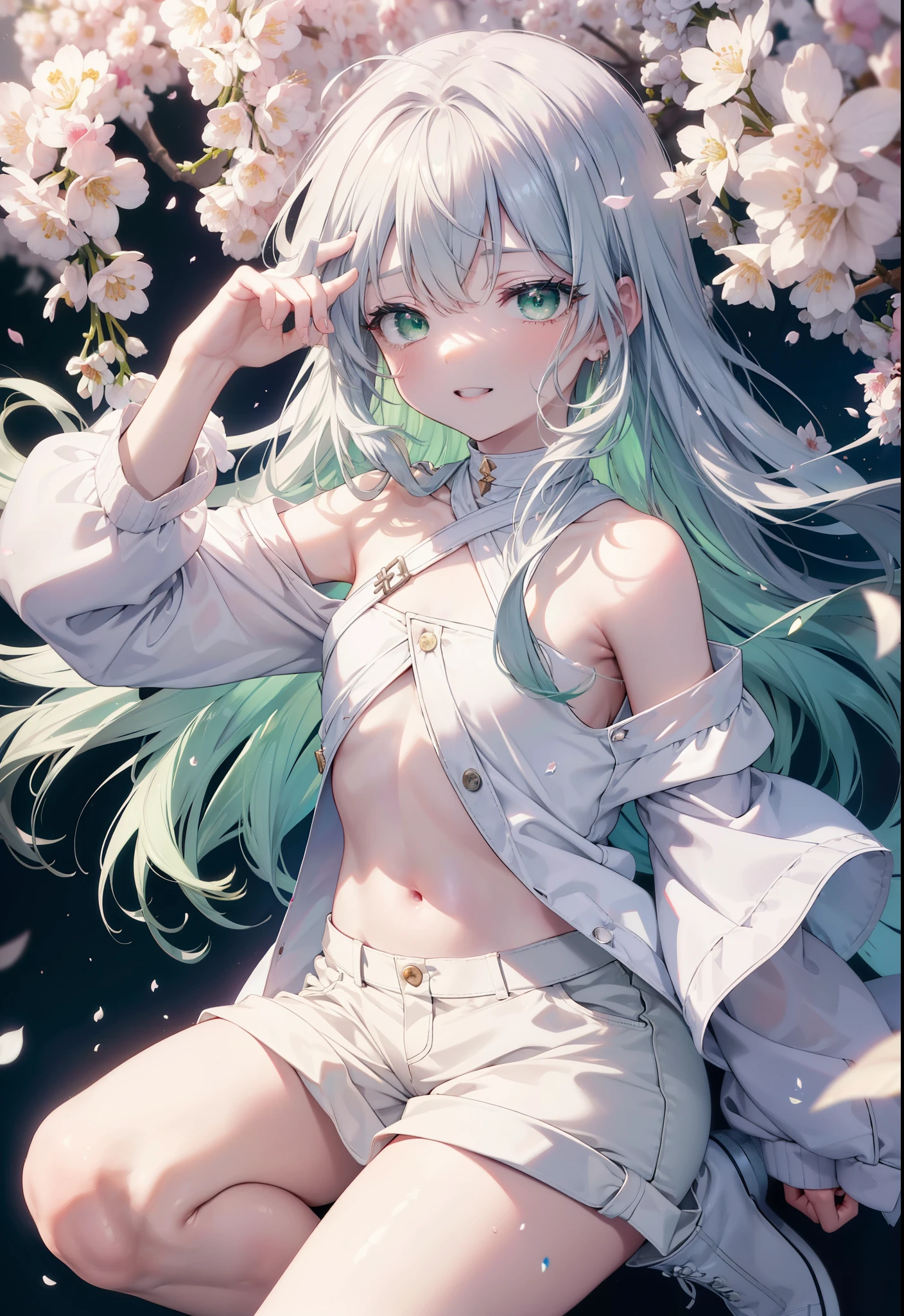 index, index, (green eyes:1.5), silver hair, long hair, (flat chest:1.2),happy smile, smile, open your mouth,White Long Hoodie,shorts,white pantyhose,Mini Boots,He has a soft serve ice cream in his right hand.,ソフトクリームを食べ歩きしているsilver hairの少女,cherry blossoms are blooming,Cherry blossoms are scattered,The cherry blossom tree-lined road is broken, looking at viewer, Upper body, whole body,
break outdoors, Destroy the park (masterpiece:1.2), highest quality, High resolution, unity 8k wallpaper, (figure:0.8), (detailed and beautiful eyes:1.6), highly detailed face, perfect lighting, Very detailed CG, (perfect hands, perfect anatomy),