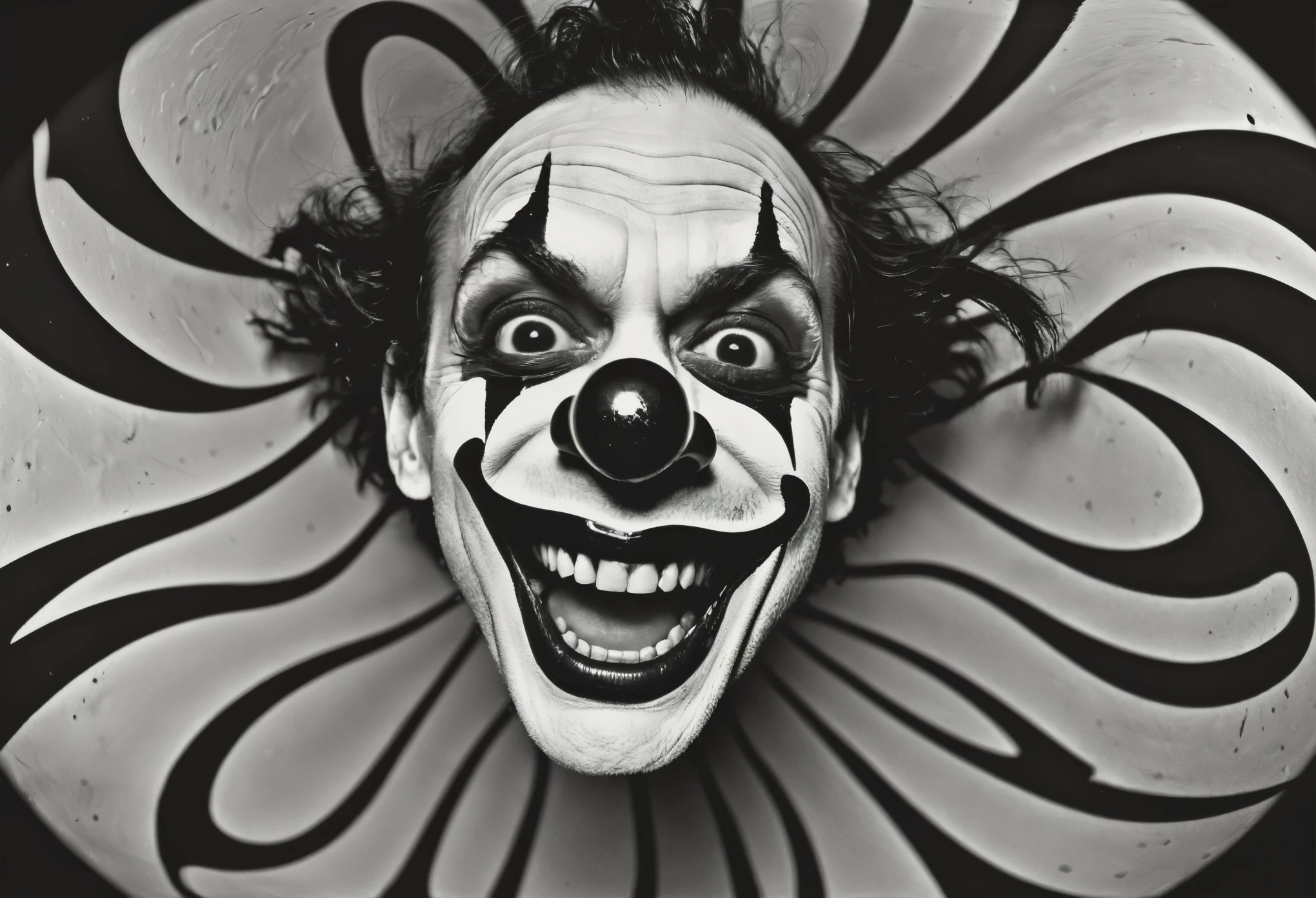 (Surreal black and white distorted portrait:1.6) photo of a nightmarish clown with an unnervingly wide grin and hollow black eyes, taken with an extreme fisheye lens creating a curved spherical perspective, highly textured cracked and flaking white makeup/greasepaint on its twisted features appearing warped and contorted, the haunting face filling the entire frame edge to edge, shot from a low angle making the figure loom overhead, harsh overhead lighting casting inky shadows across the spherical fisheye view, captured on a Nikon D3X with 16mm f/2.8 Fisheye lens and Ilford Delta 100 film, (heavy vignetting:1.5), (analog film grain effect:1.4), in the dark, disorienting style of Roger Ballen.