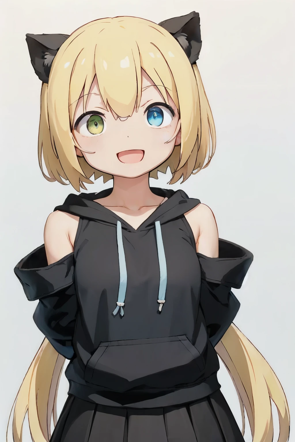 white background、Solid white background、blank background、arms behind back、Two-tone black and yellow hair、hide your hands、Upper body photographed from the front,(high quality, Breathtaking),(delicate eyes, perfect face)solo,Era: late 20s, Heterochromia - (yellow left eye、The left eye is yellow、light blue right eye、The right eye is light blue)、open your mouth without showing your teeth、Smile with mouth wide open、open your mouth wide、medium shoulder length hair, black hair, black hoodie、black skirt、