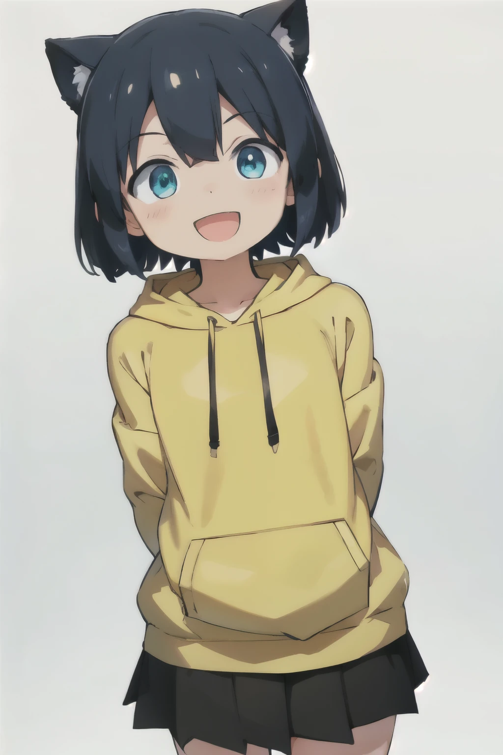 white background、Solid white background、blank background、arms behind back、Two-tone black and yellow hair、hide your hands、Upper body photographed from the front,(high quality, Breathtaking),(delicate eyes, perfect face)solo,Era: late 20s, Heterochromia - (yellow left eye、The left eye is yellow、light blue right eye、The right eye is light blue)、open your mouth without showing your teeth、Smile with mouth wide open、open your mouth wide、medium shoulder length hair, black hair, black hoodie、black skirt、
