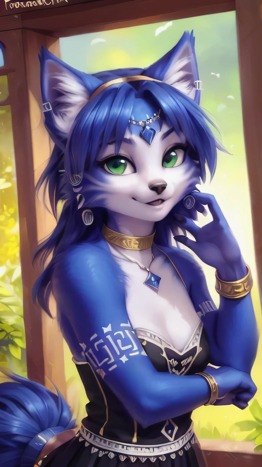 A beautiful and detailed (sweet portrait) von ((Krystal)), Sternenfuchs Krystal, Schlank, liebenswert, green eyes, medium breasts, (((Lange blaue Haare 1.3))), ((schwarze haarspitzen)), Dekollete, Grinsen, hoch schauen,, anthro, Pelzig, Hochgeladen E621, detailed flauschige fur, (von Fluff-Kevlar, Bayard Wu, Personalami, Pino Daeni), detailliertes Gesicht, (flauschige), 1 girl, Allein,