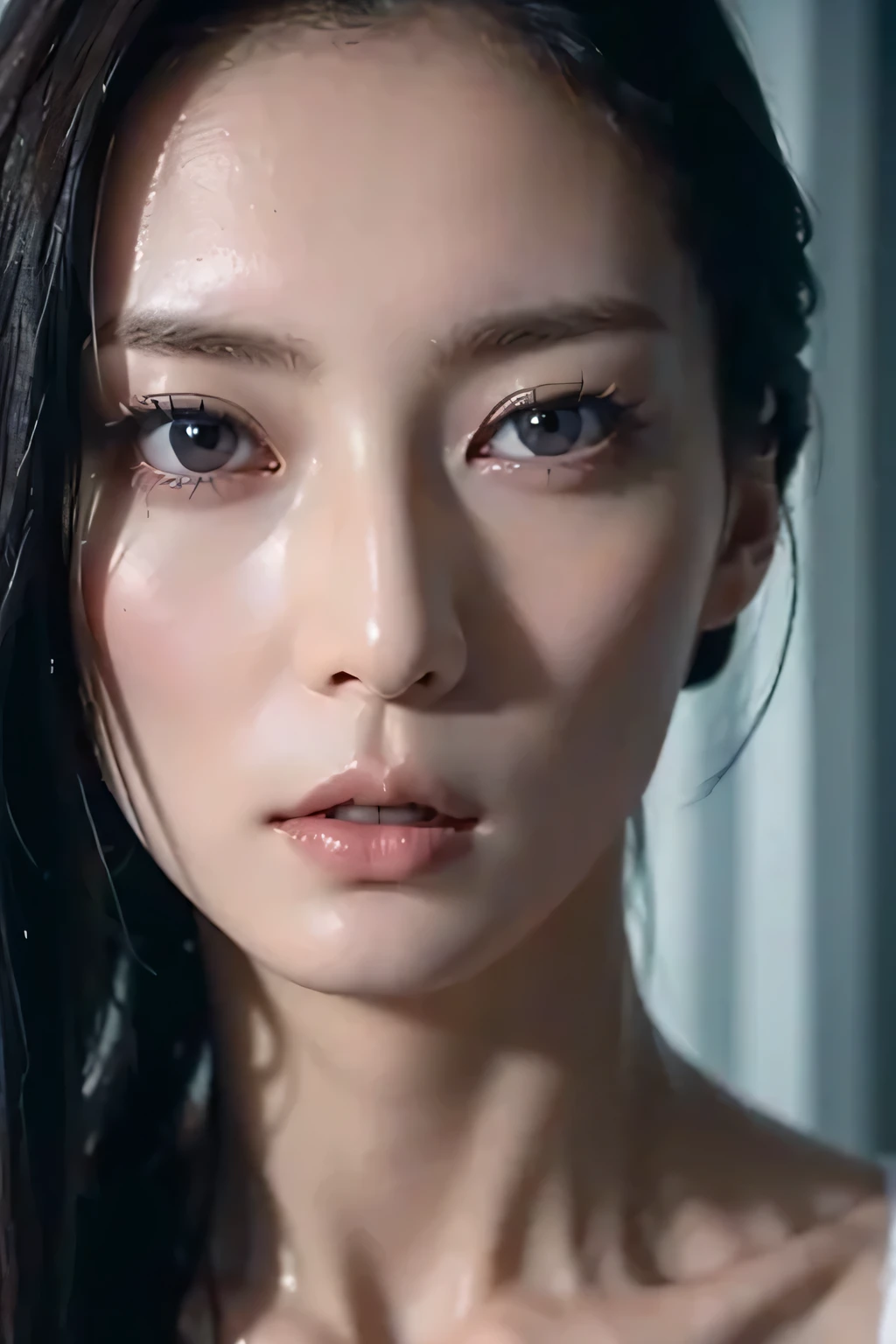 8k、High resolution、maid clothes fashion、beautiful girl、slender body、young、white skin,、narrow eyes,high nose,lighting that illuminates the face、clear image、intellectual beauty、skinny、no makeup、anxious look、lighting that illuminates the face,shining hair、single eyelid,cute pose,slanted eyes