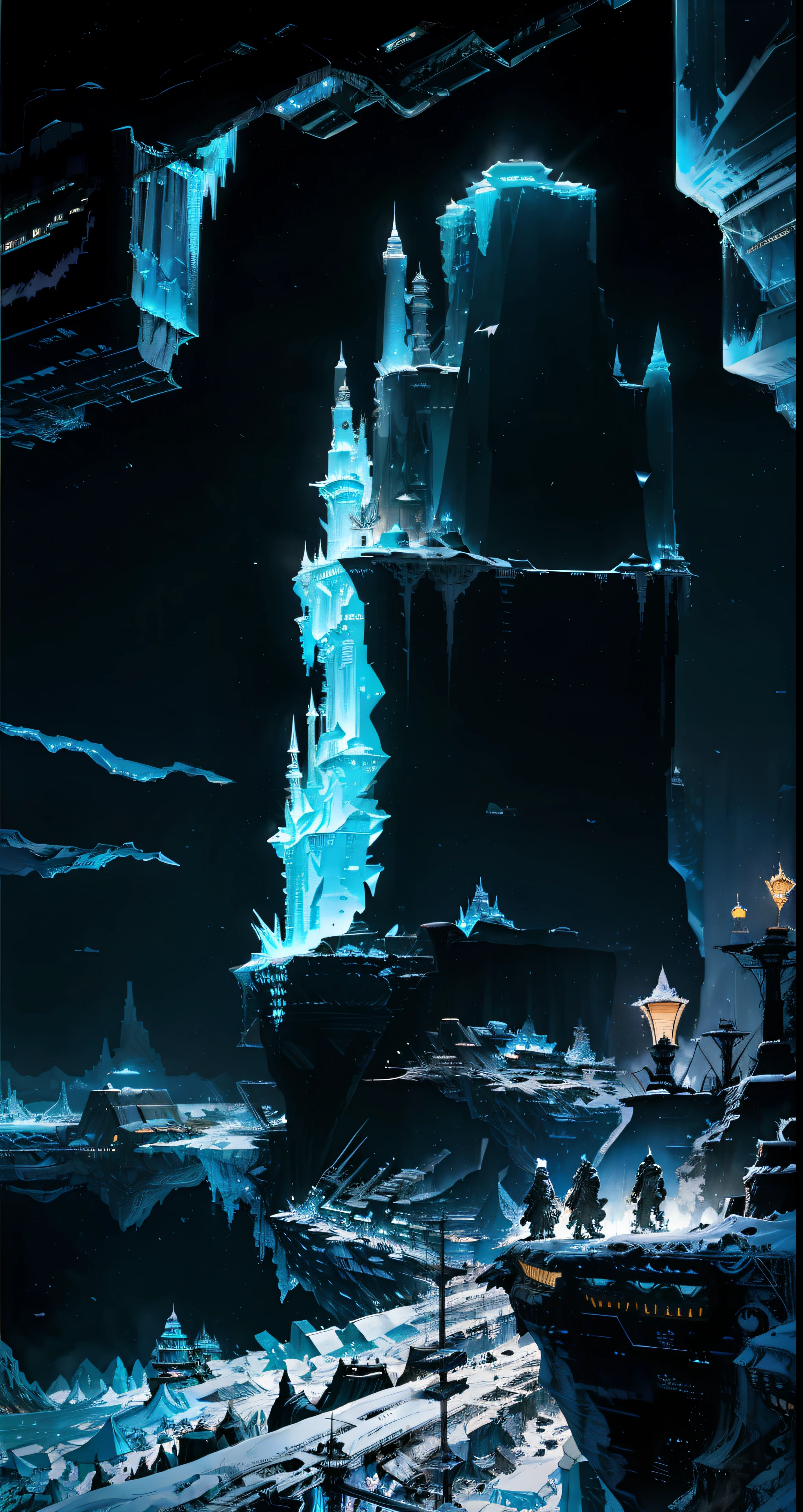 In the dimly lit cyberpunk landscape, a towering iceberg looms large, its once pristine surface now marred with mechanical faults and broken edges. Covered in a thick blanket of snow, the icy monolith stands out against the backdrop of a dark, grungy dungeon, where gears and pipes extend from every angle, creating an intricate web of mechanical complexities. Icicles hang precariously from the jagged edges of the iceberg, casting long, ominous shadows across the cold, desolate floor. The mood is somber, with an arena-like atmosphere adding an air of anticipation and danger to the eerie scene. The picture exudes