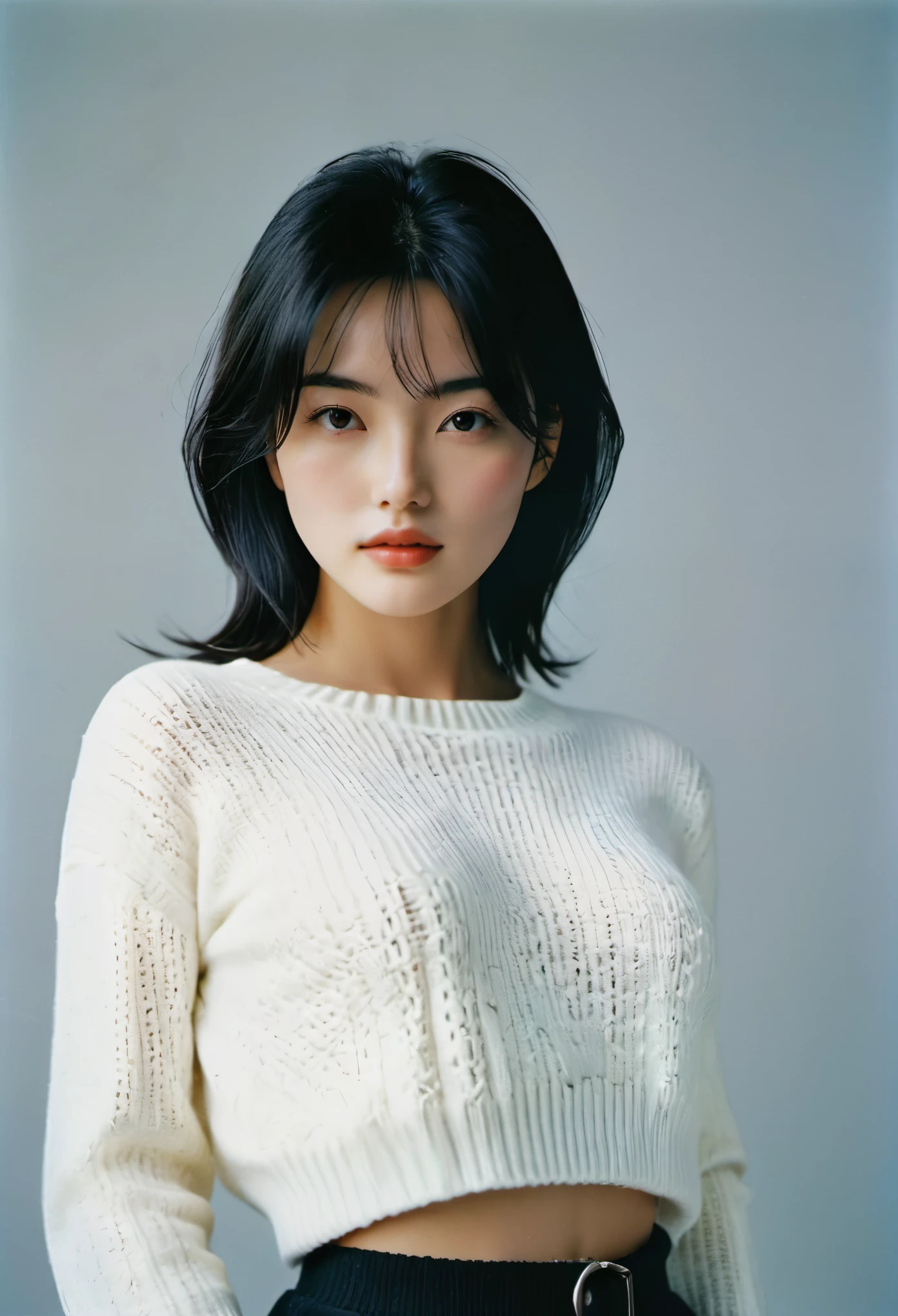 (masterpiece, realistic, ultra high resolution, high quality:1.2),
1 girl, (young),(no makeup), black hair,
Wearing a white knitted sweater ,
portrait, old photograph, 80&#39;s style , dynamic pose, studio,
((akinanakamori))