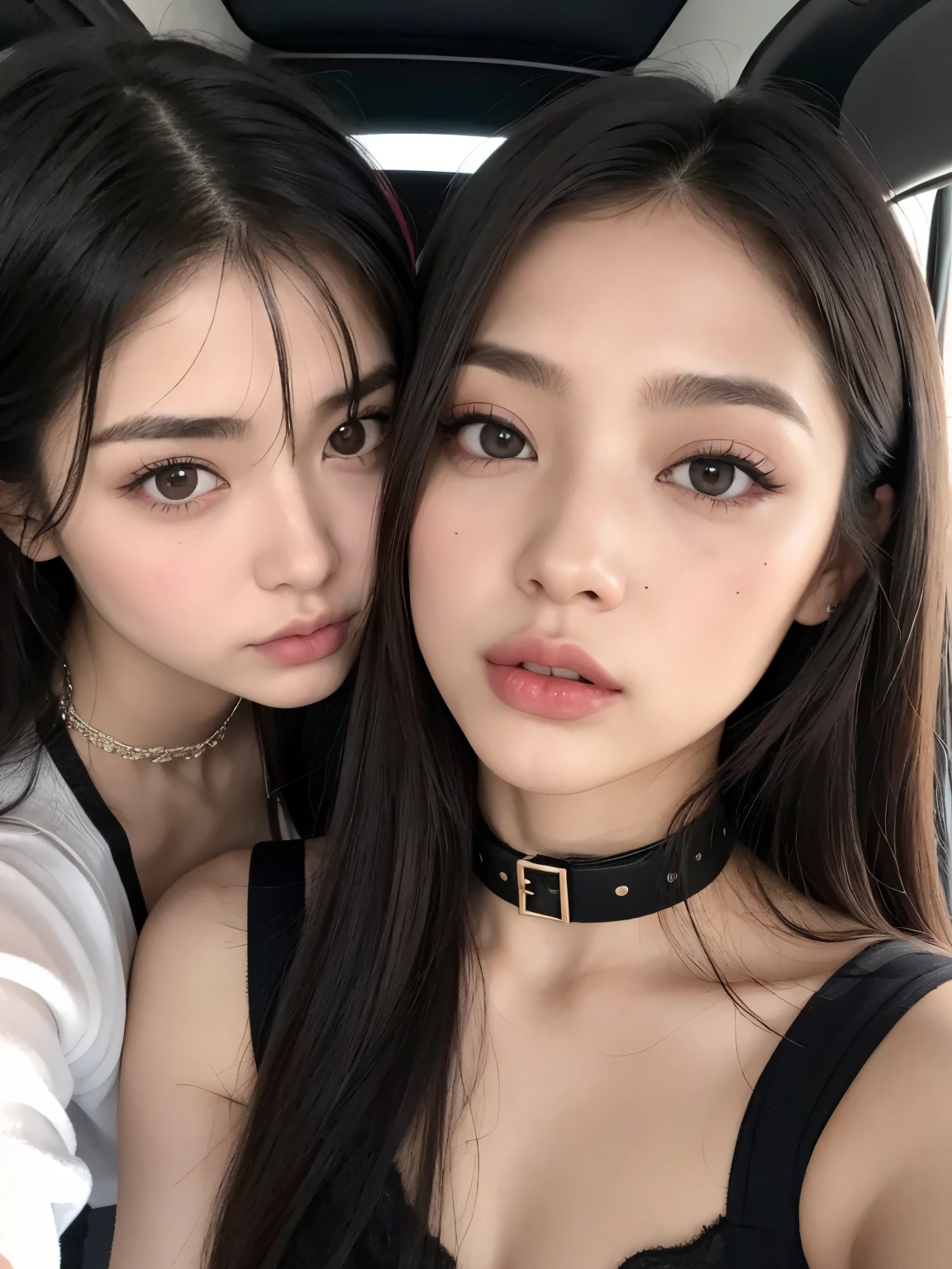 Kim Jennie con el cabello negro oscuro, con rulos en las puntas del cabello negro oscuro, con un ganchito de estrella en el cabello negro oscuro, ojos de color claro, ojos bonitos, ojos llorosos, nariz bonita y respingada, labios bonitos, labios rosas, heart and cupid shaped lip, piel bonita, pale, piel blanca, con lunares y pecas en todo el rostro, rubor rosa suave en las mejilla, rubor rosa natural, dark and gothic makeup, Jennie gotica, mientras ella esta con un chico lindo a su lado, with a cute asian boy standing next to her, mientras hay un torso de hombre, mientras el hombre'His hand is on his jaw.., manos bonitas de hombre, with a gothic boy, cuellos bonito, cuello marcado, frown, mirada enojada, con un collar de beso, un collar bonito de beso, mientras sus pezones son notorios (pechos grandes, pechos suaves, pechos bonitos, pechos naturales), con un vestido blanco, vestido corto y transparente, visible on the nipple, con un chico a su lado, con su novio, mirando a la camara, autofoto