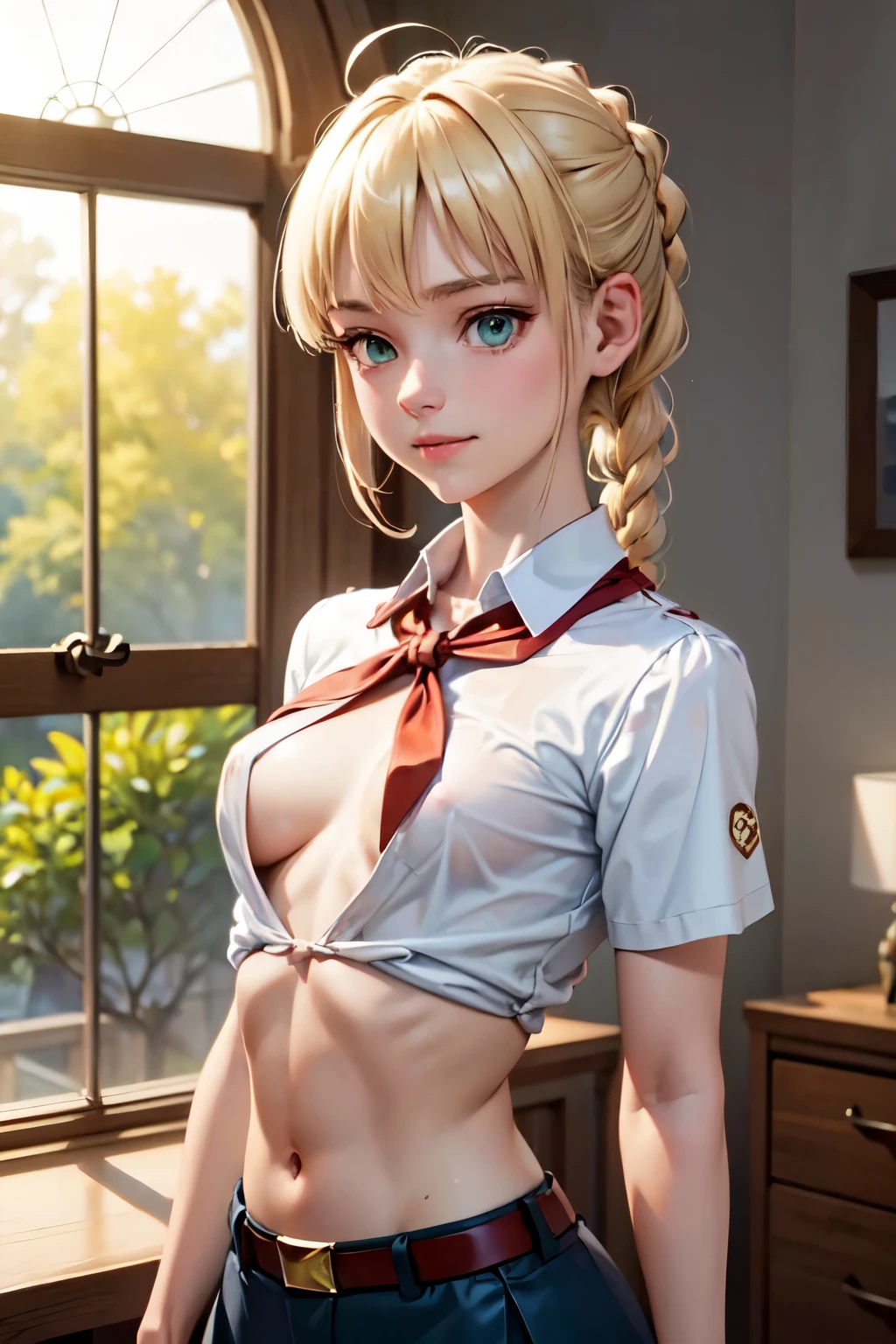 blond hair, braid, ahoge, in full growth, raised eyebrows, sparkling eyes, green eyes, shy smile, atmospheric perspective, anime style, cinematic lighting, glowing light, Wide-Angle, 8k, best quality, masterpiece, high details, high quality, slim and fit young girl, muscular girl, inflated abs and muscles, perfect flat breast, slim waist, blue microskirt, belt, eyelashes, saber, white short sleeve shirt, (unbuttoned shirt:1.3), visible chest, hold red neckerchief in hand