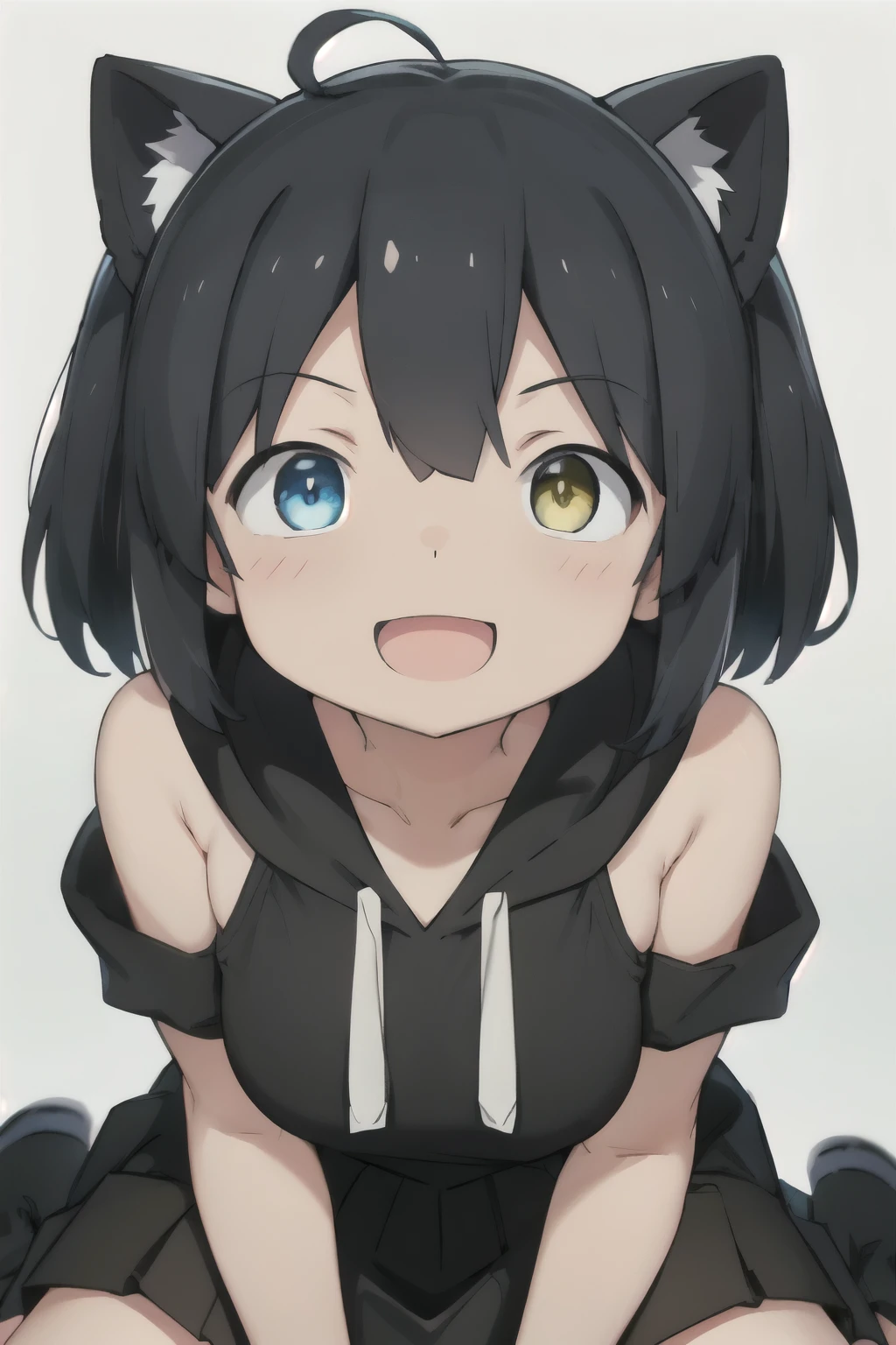 white background、Solid white background、blank background、arms behind back、two-tone hair、hide your hands、Upper body photographed from the front,(high quality, Breathtaking),(delicate eyes, perfect face)solo,Era: late 20s, Heterochromia - (yellow left eye、The left eye is yellow、light blue right eye、The right eye is light blue)、open your mouth without showing your teeth、Smile with mouth wide open、open your mouth wide、medium shoulder length hair, black hair, black hoodie、black skirt、