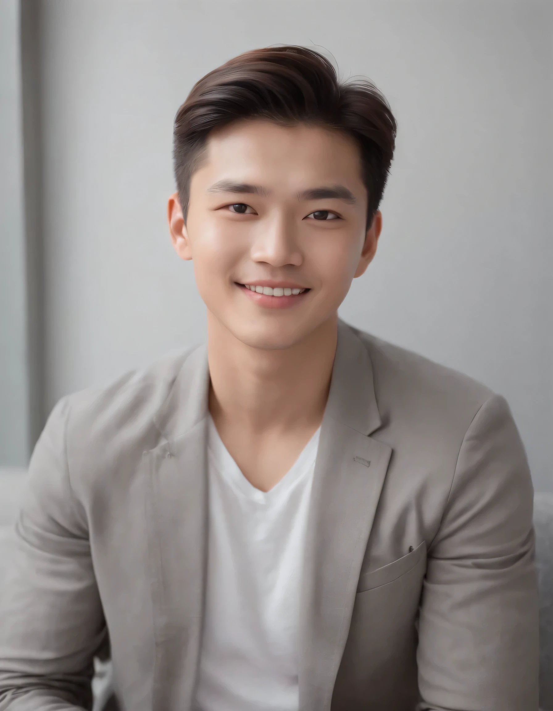 (photo: 1.3) af (realistic: 1.3), east asian man, soft light, clear face, happy, cheerful, smiling, warm light, ((gray-white gradient background)), (background)). ((gray wall background)) avatar, (long or short hair), smile, handsome, young,, short hair, smile, ((medium close-up))