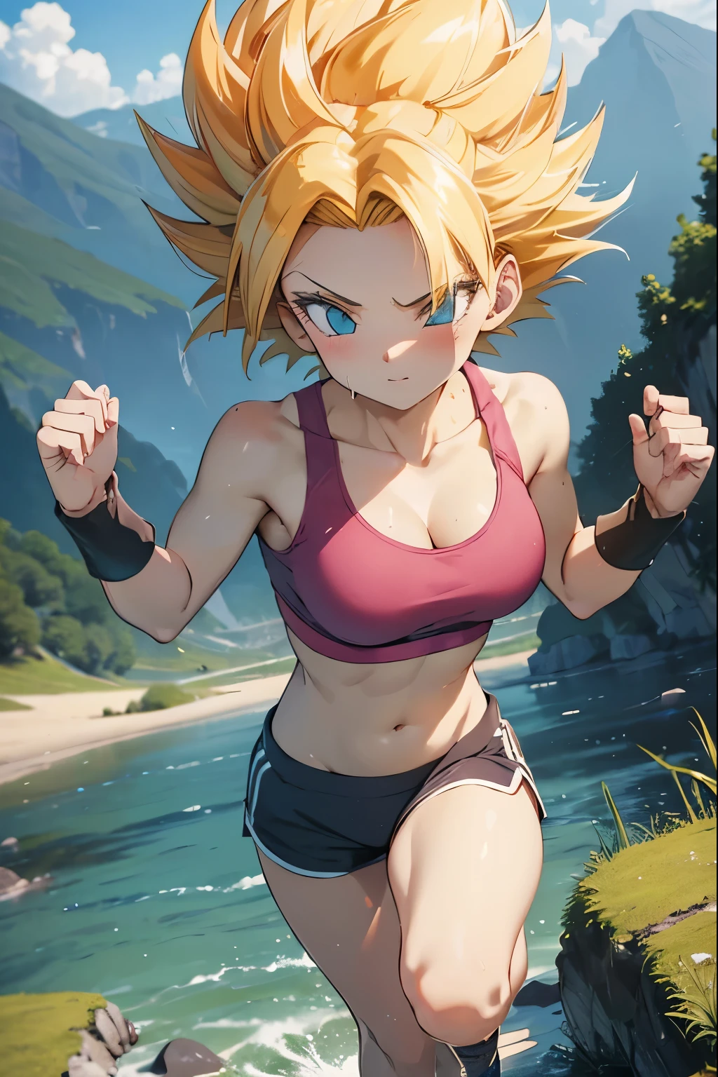 ((4K, ​master piece, Best Quality)), caulifla 1girl in , center parted hair, medium breasts⁩, Cute, blush, running, white sports bra, morning, park, sweat .