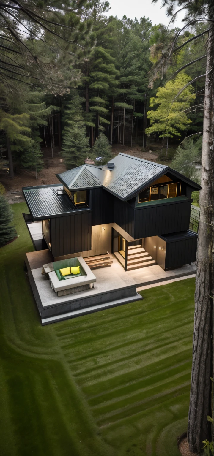 house exterior industry style, dark yellow and green color scheme, like an oldtime industry factory,raw materials, exposed structural elements, and simple, clean lines,rough-hewn steel, polished concrete, glass, and exposured brick,