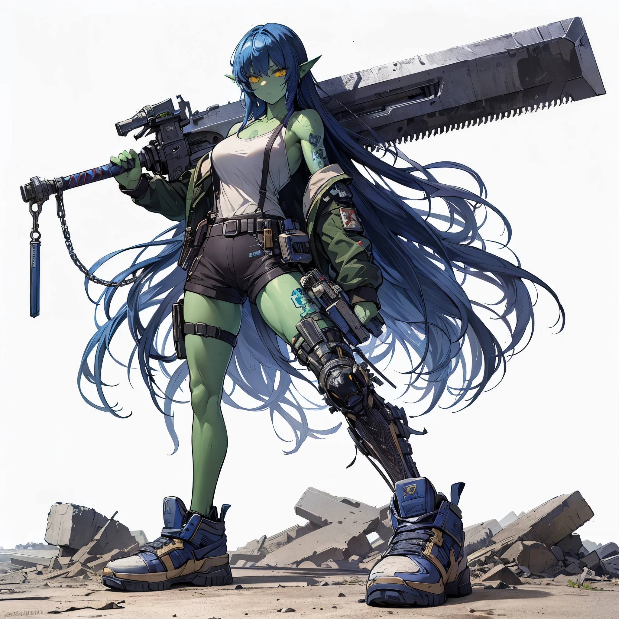 (masterpiece, Best Quality), (Perfect athlete body:1.2), (detailed hairs), Ultra-detailed, Anime style, solo, Cyberpunk orc girl, Muscular but feminine body shape, wearing a work uniform, night blue hair and yellow eyes, pale green skin, holds a huge creaver sword, wears high tech sneakers, standing in wasteland, white background, whole body,
