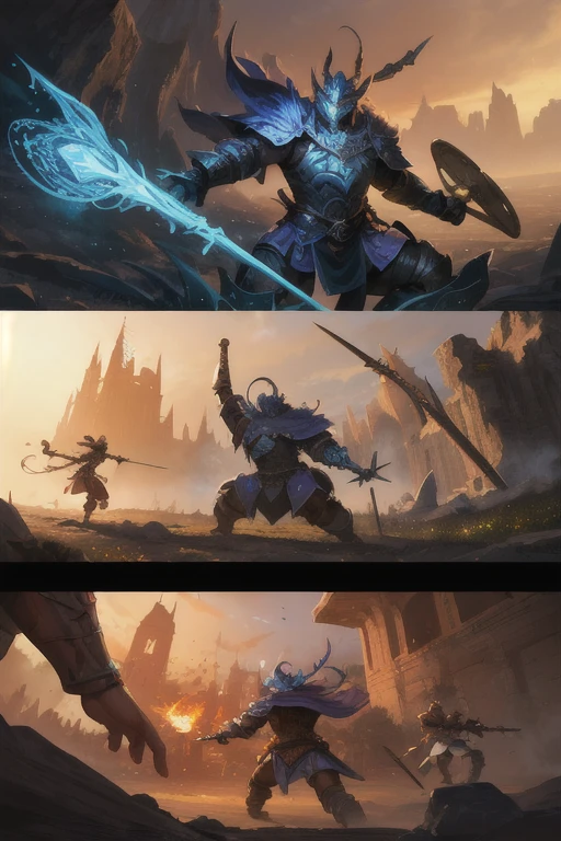 In a dark fantasy setting, a group of adventurers embarks on an epic quest. The adventurers consist of a brave warrior, a wise magician, a nimble thief, and a resourceful healer. The warrior wields a mighty sword, clad in gleaming armor adorned with ancient symbols and intricate engravings. The magician possesses a magic staff, emanating a faint glow and crackling with arcane energy. The thief moves stealthily, wearing a leather cloak and armed with a set of lockpicks. The healer is adorned with a flowing robe, carrying a mystical staff adorned with healing crystals. The adventurers traverse treacherous dungeons filled with deadly traps, monstrous creatures, and hidden treasures. The dungeons are dimly lit, with torches casting eerie shadows on ancient stone walls adorned with moss and intricate carvings. The air is thick with an aura of mystery and danger as the adventurers delve deeper into the unknown. As they encounter fierce monsters, the battle scenes are filled with dynamic action, the clash of weapons, and dazzling spell effects. The adventurers showcase their skills, facing incredible odds with determination and bravery. The colors in the artwork are vivid and dramatic, with deep shades of blue, green, and red, adding to the atmosphere of the fantasy world. The lighting is dim, casting long shadows and highlighting the details of the characters and their surroundings. The artwork is produced in a high-resolution format, capturing every intricate detail, from the texture of armor to the delicate features of the characters' faces. The overall style of the artwork combines elements of fantasy illustrations, reminiscent of classic Dungeons & Dragons artworks, and modern digital painting techniques.