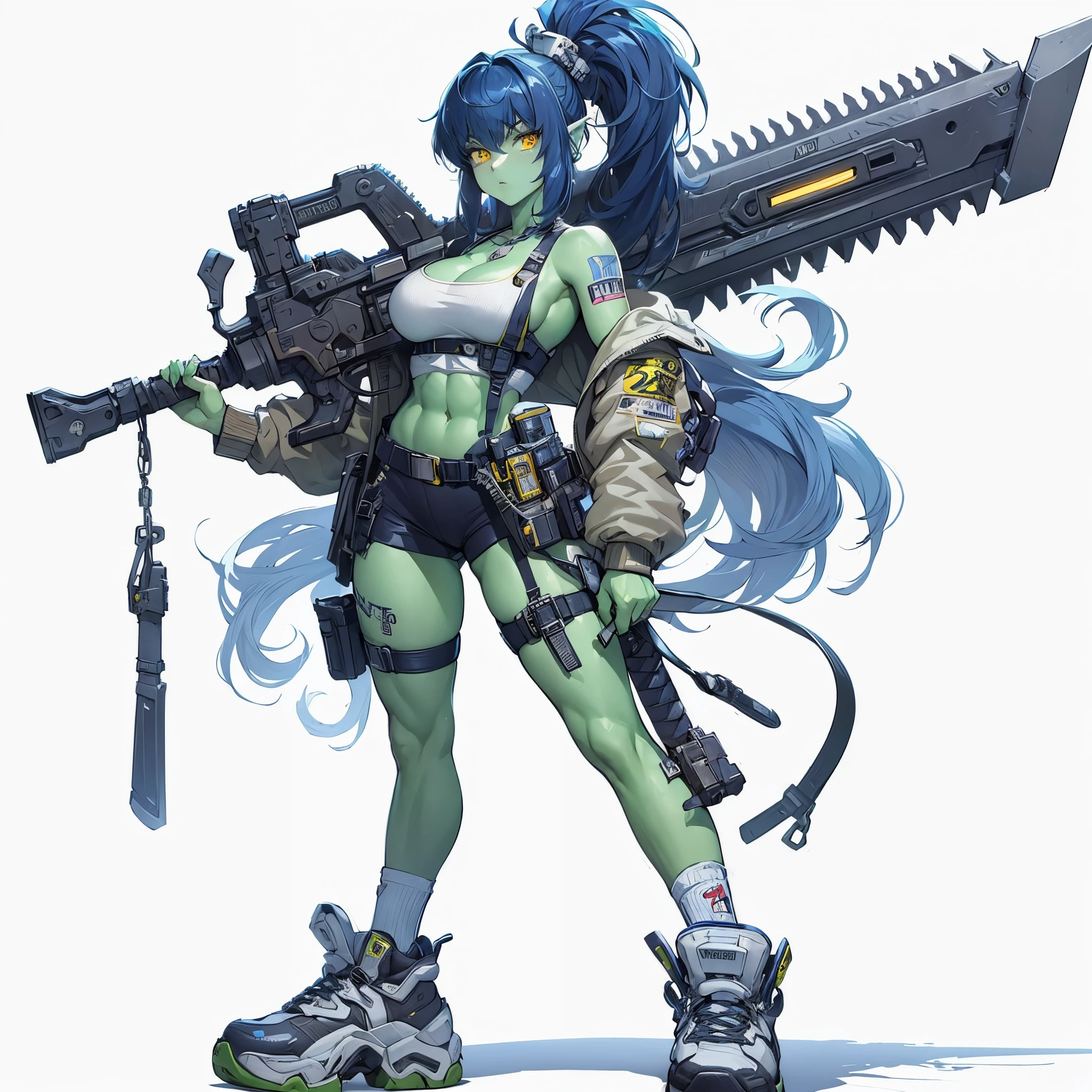 (masterpiece, Best Quality), (Perfect athlete body:1.2), (detailed hairs), Ultra-detailed, Anime style, solo, Cyberpunk orc girl, Muscular but feminine body shape, wearing a work uniform, night blue hair and yellow eyes, pale green skin, holds a huge creaver sword, wears high tech sneakers, standing in wasteland, white background, whole body,