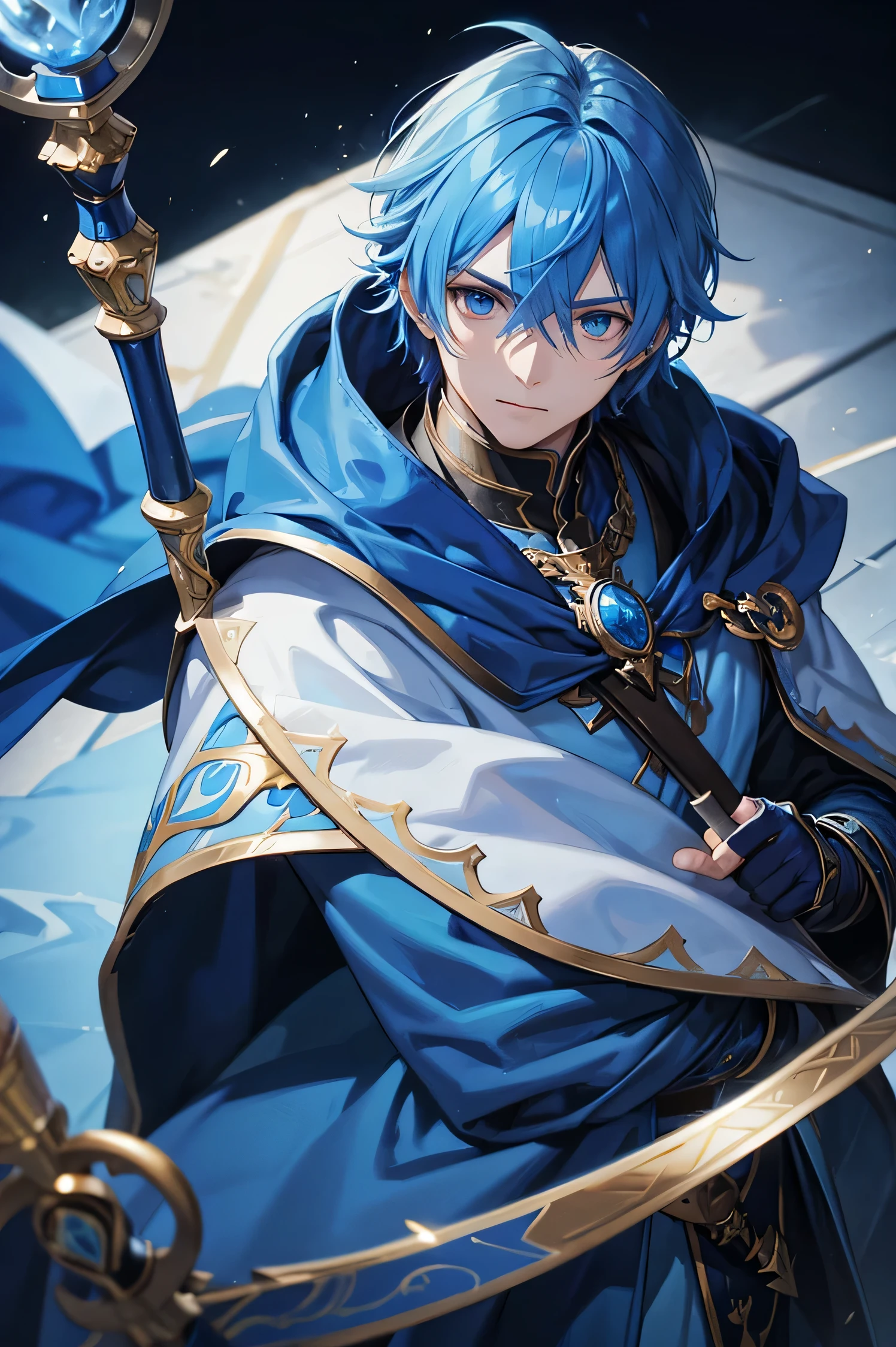 A male blue mage, with blue war paint in face, with a blue cape, misetry, blue glowing eyes. with a blue staff. full art