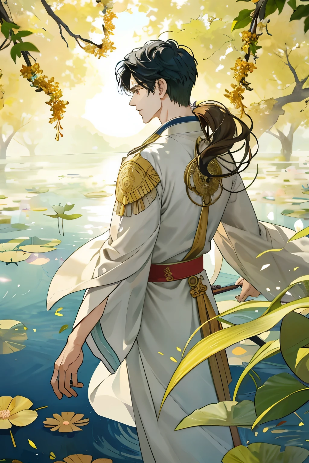 In the serene and picturesque background, Zhang Chuntian, the handsome two-dimensional man, stands on the bank of a tranquil lotus pond. The sun casts a warm golden glow over his chiseled features, bringing out the subtle texture of his flawless, porcelain-like skin. His long, wavy hair cascades down his back, blowing gently in the wind, which rustles through the branches of the willow tree he holds in his hand. The wind also caresses his exposed wing, revealing its intricate, feathery details as it stretches out from the wide sleeve of his robe. The lush greenery and vibrantly colored flowers that surround