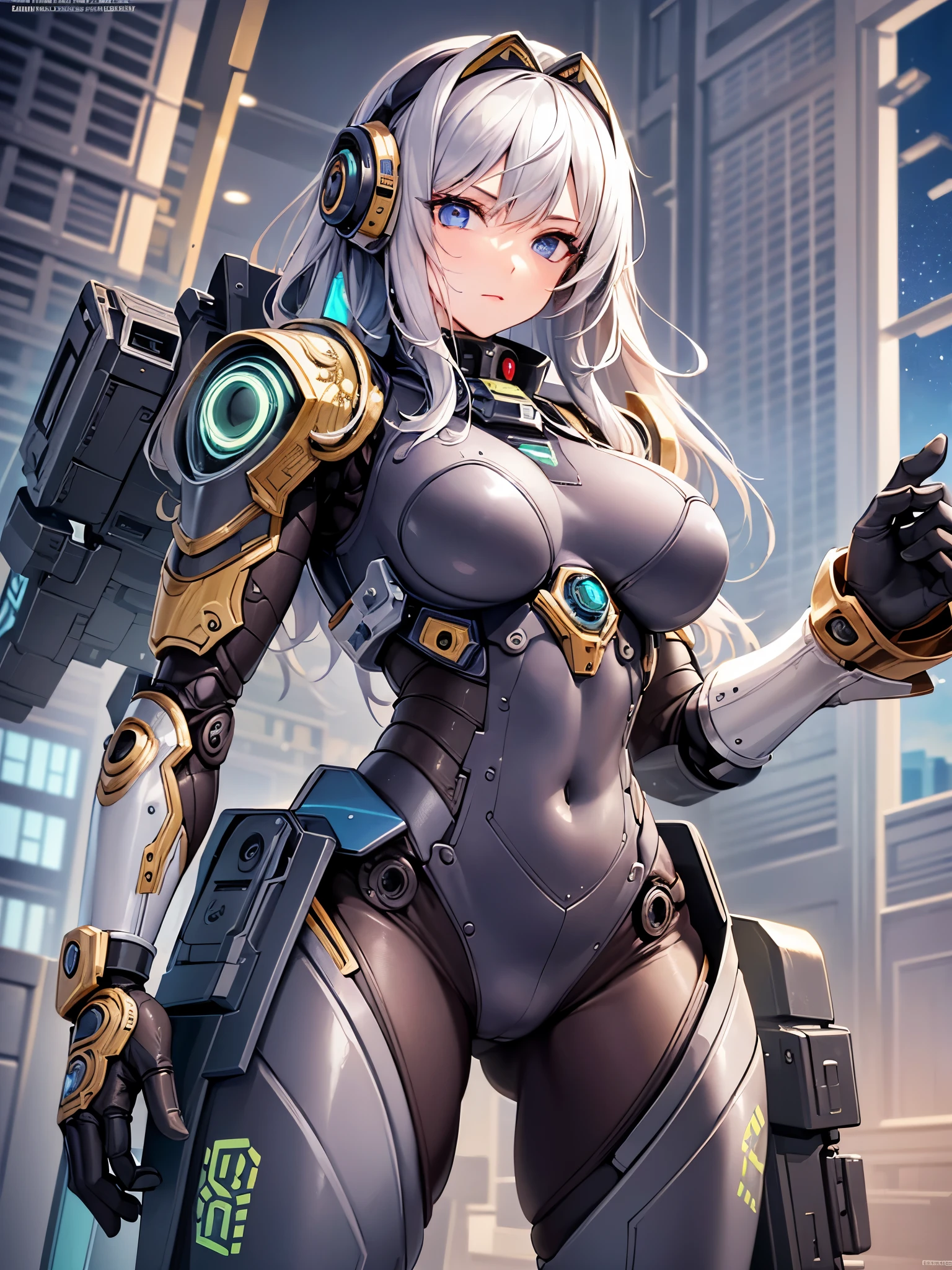 ((highest quality)),(ultra high resolution),(Super detailed),(detailed description),((best CG)),(best work of art),super precision art,amazing drawing art,(Sci-fi art with precise details:1.5), (woman:1.7),(beautiful and well-shaped face:1.7),((A detailed and intricately rendered mechanical combat suit:1.6)),mechanical harness:1.4,Mechanical protector:1.6,full armor:1.5,missile launcher:1.5,