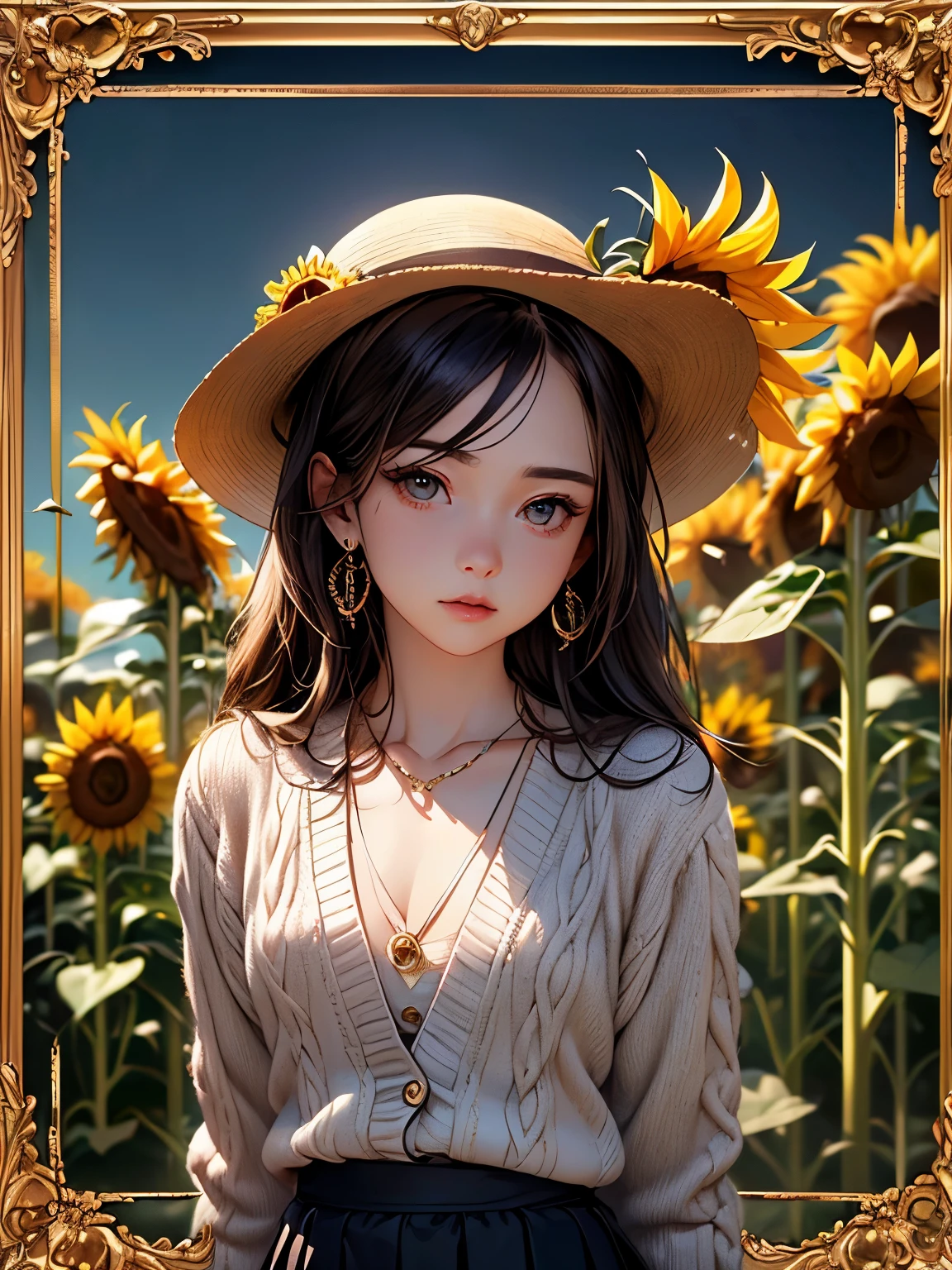 ((Biologically correct number of limbs))、4K、((standing position))、masterpiece、((focus on the face))、((Symmetrical facial features))、Eyes with detailed description、Beautiful woman、outstanding style、beautiful arms、beautiful legs、beautiful hands、(small ass、thin thighs)、Detailed depiction of faces、small earrings、necklace、(cardigan、skirt、high heels、stockings)、Close-up of upper body including face、Background sunflowers in full bloom、small hat、Photo in a frame、
