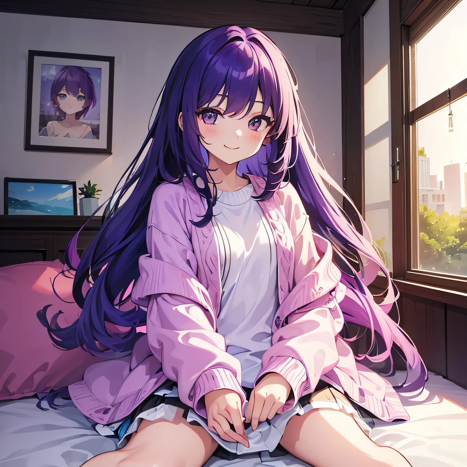 (T Masterpiece,4k wallpaper,best quality))、((girl1people))、(solo)、Shining and vivid,(purple hair)、(shortcut:1.3)、smile、Bedroom、sweater、morning