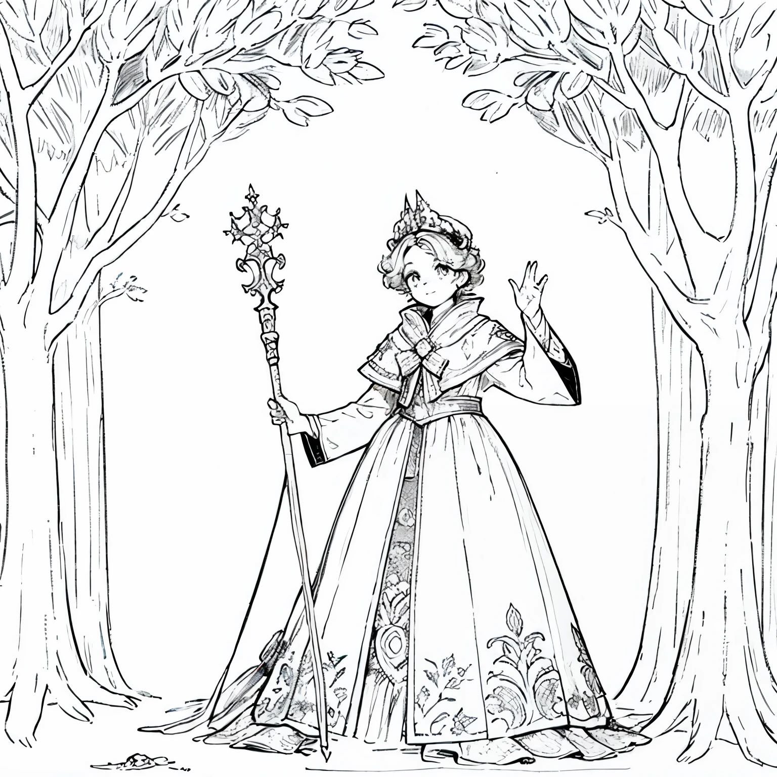 ((highest quality)), ((masterpiece)),magical girl,simple design,coloring book,The background is a forest,picture book,line drawing,black and white、The same girl is waving a magic stick。