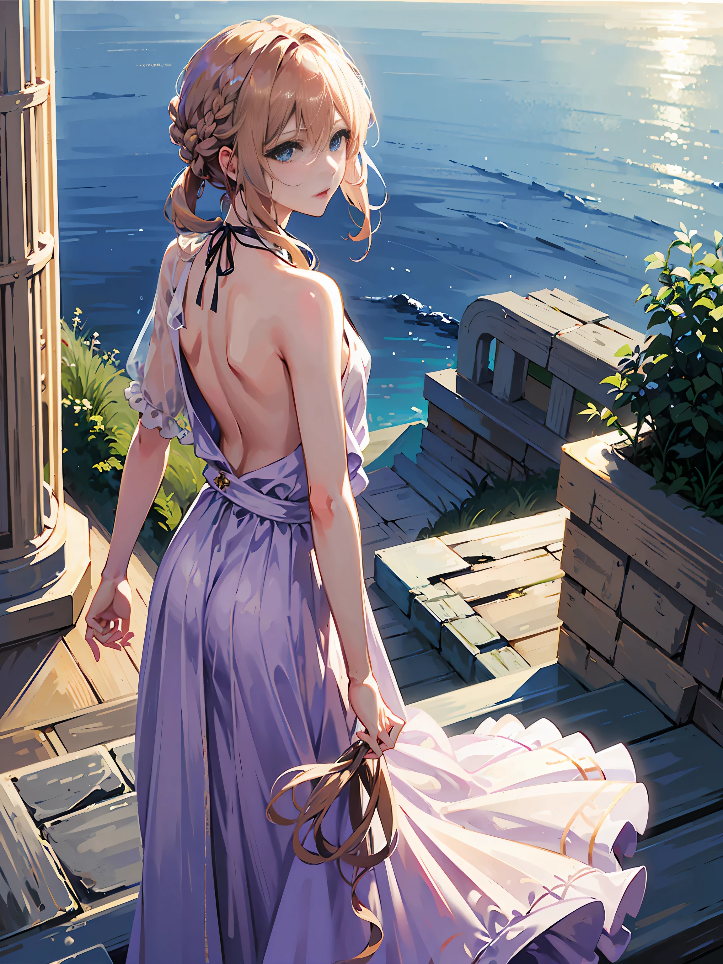 Violet, 1girll, Solo, view the viewer, Blue eyes, Blonde hair, (((Greek clothes))),,((((Bare back)))),(((looking at viewert))),