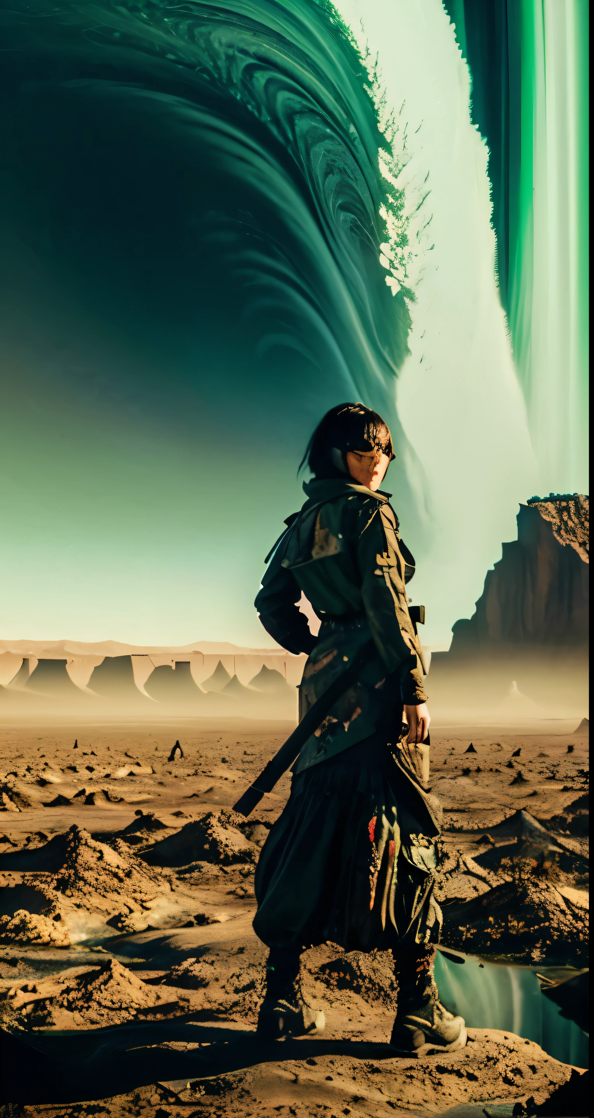 an attractive woman [gunslinger:bounty hunter:0.4] standing in a apocalyptic wilderness (glitchwave style:1) 