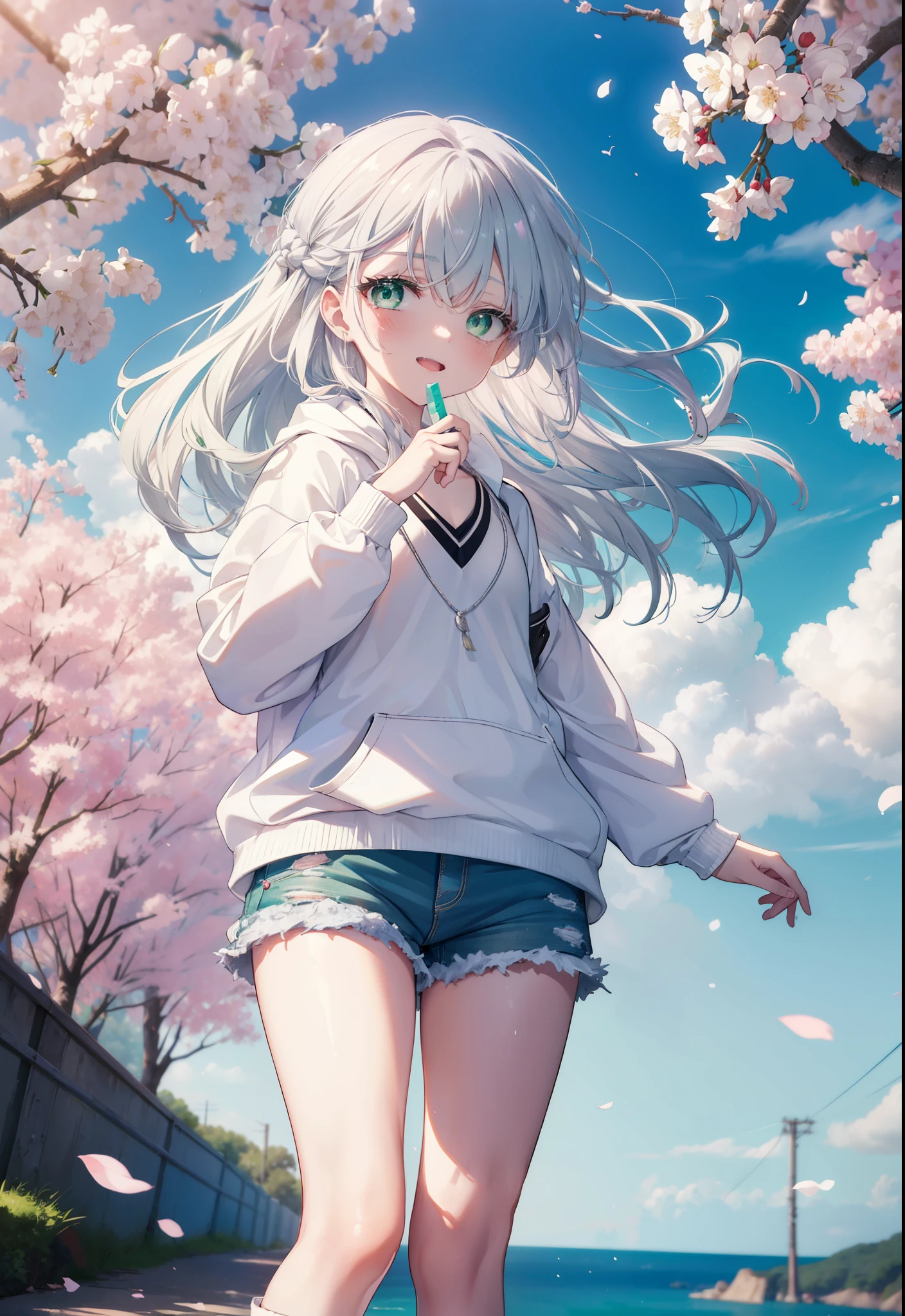 index, index, (green eyes:1.5), silver hair, long hair, (flat chest:1.2),happy smile, smile, open your mouth,White Long Hoodie,shorts,white pantyhose,Mini Boots,He has a soft serve ice cream in his right hand.,ソフトクリームを食べ歩きしているsilver hairの少女,cherry blossoms are blooming,Cherry blossoms are scattered,The cherry blossom tree-lined road is broken, looking at viewer, Upper body, whole body,
break outdoors, Destroy the park (masterpiece:1.2), highest quality, High resolution, unity 8k wallpaper, (figure:0.8), (detailed and beautiful eyes:1.6), highly detailed face, perfect lighting, Very detailed CG, (perfect hands, perfect anatomy),