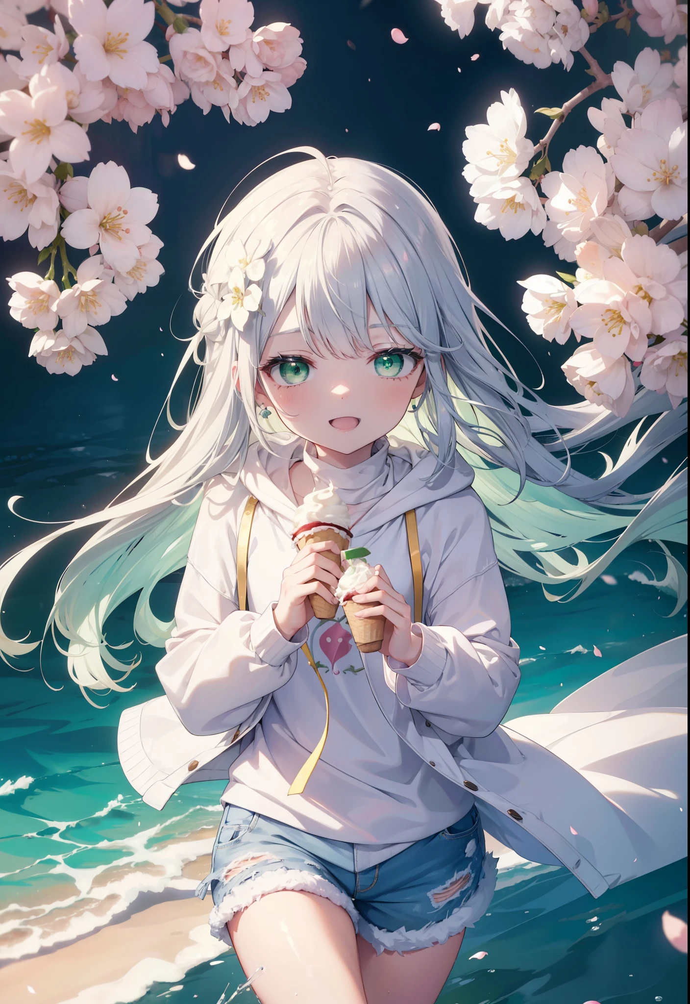 index, index, (green eyes:1.5), silver hair, long hair, (flat chest:1.2),happy smile, smile, open your mouth,White Long Hoodie,shorts,white pantyhose,Mini Boots,He has a soft serve ice cream in his right hand.,ソフトクリームを食べ歩きしているsilver hairの少女,cherry blossoms are blooming,Cherry blossoms are scattered,The cherry blossom tree-lined road is broken, looking at viewer, Upper body, whole body,
break outdoors, Destroy the park (masterpiece:1.2), highest quality, High resolution, unity 8k wallpaper, (figure:0.8), (detailed and beautiful eyes:1.6), highly detailed face, perfect lighting, Very detailed CG, (perfect hands, perfect anatomy),