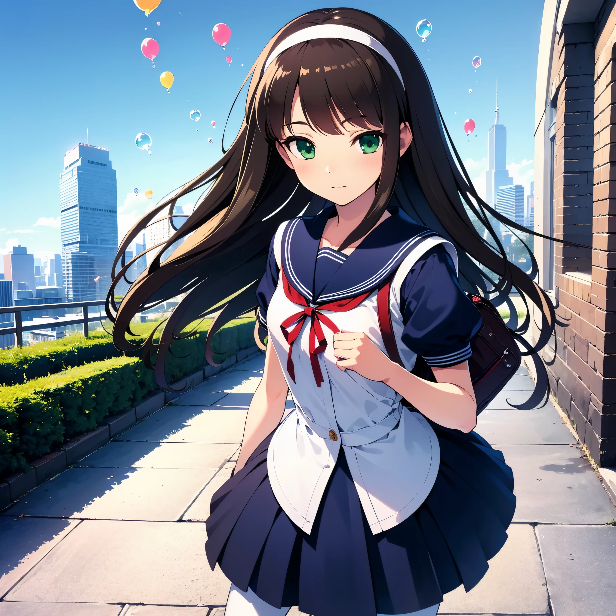 (best quality,4k,highres),ultra-detailed,realistic,portraits, Japaneese school girl, green eyes, long brown hair,anime style,futuristic, Frutiger Aero aesthetic, eco- modernism, bokeh, ribbon headband,small breast,futuristic sailor lolita dress,puffy sleeves,white and blue,colorful lighting, red ribbon, navy blue pantyhose, school shoes, school bag, school crest, floating bubbles, standing in a green field with futuristic skyscrapers in the background, tertiary colors, highly detailed, 4K.