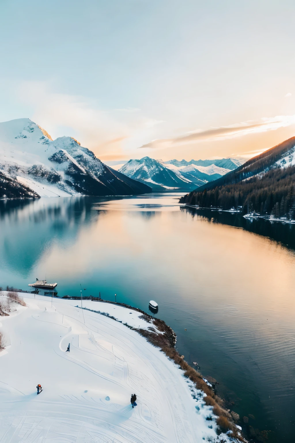 Employing a professional-grade drone equipped with a wide-angle lens, meticulously photograph a serene lake nestled amidst snow-capped mountains during the golden hour. Utilize the drone's elevated perspective to capture the expansive beauty of the landscape, while leveraging the warm, golden light to enhance the tranquility of the scene.