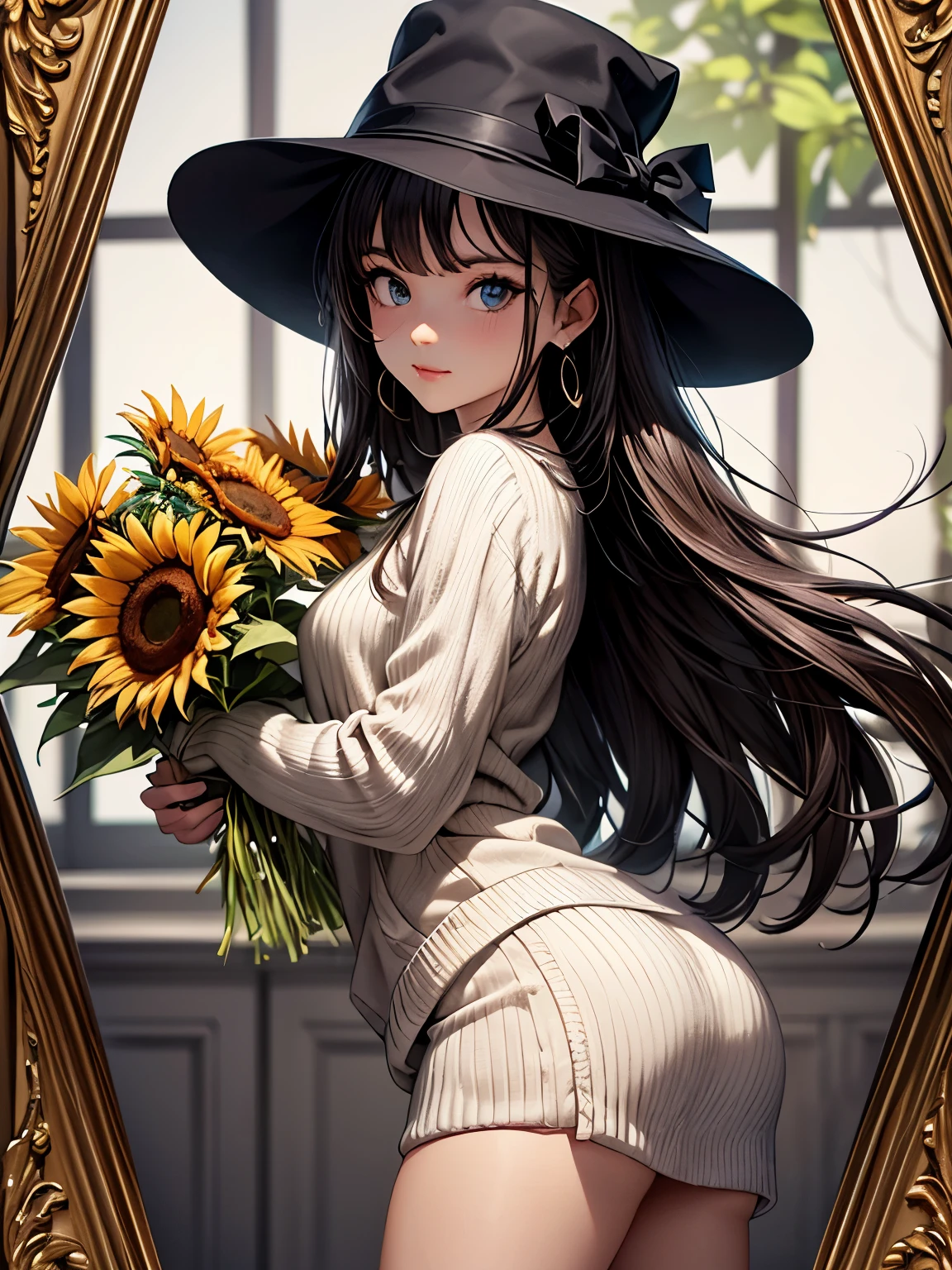 ((Biologically correct number of limbs))、4K、((standing position))、masterpiece、((focus on the face))、((Symmetrical facial features))、Eyes with detailed description、Beautiful woman、outstanding style、beautiful arms、beautiful legs、beautiful hands、(small ass、thin thighs)、Detailed depiction of faces、small earrings、necklace、(cardigan、skirt、high heels、stockings)、Close-up of upper body including face、Background sunflowers in full bloom、small hat、Photo in a frame、