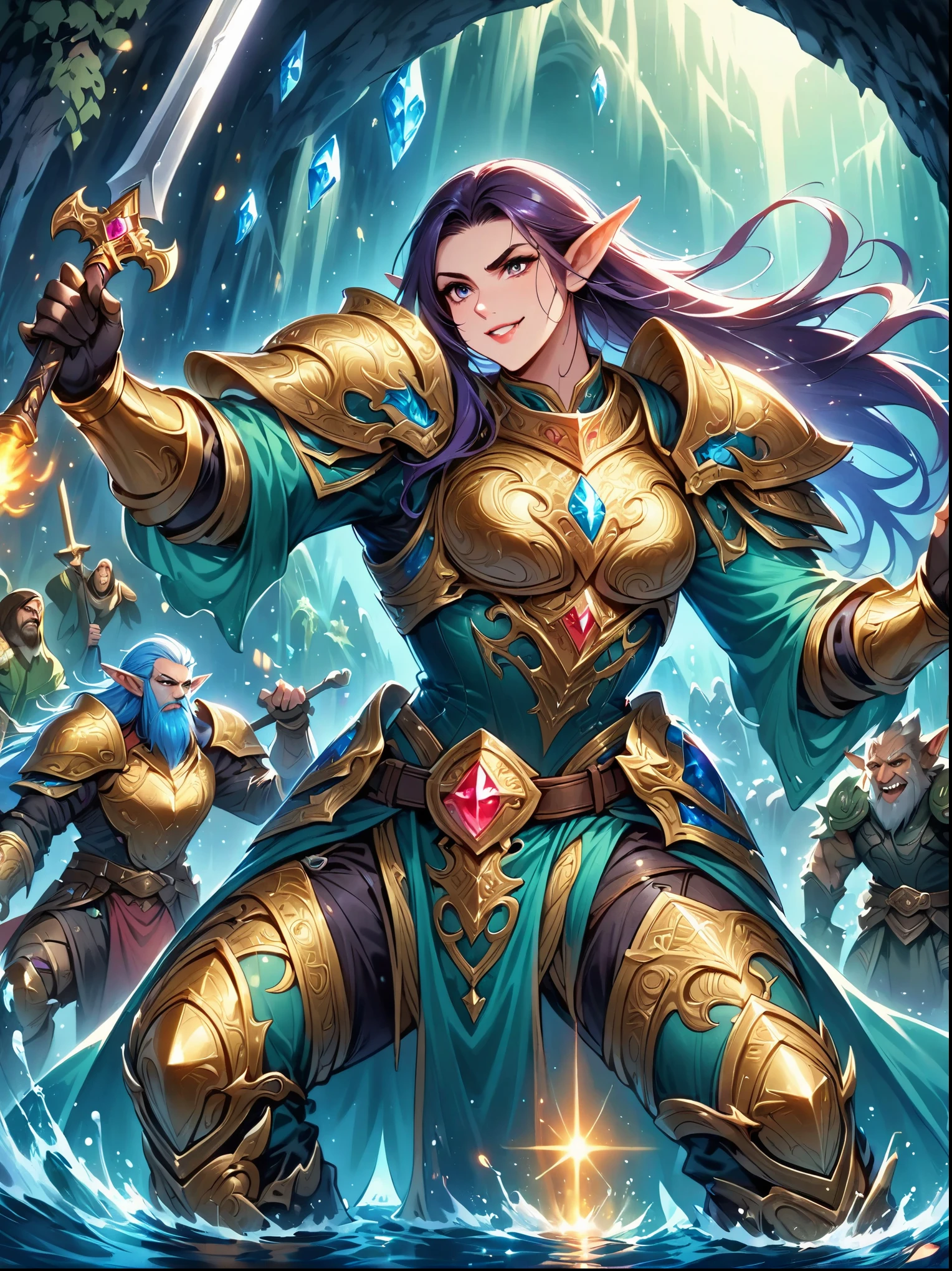 (((Dungeons and Dragons)))，A sparkling dragon&#39;s underground lair，There is an elf in armor and weapons guarding a room full of treasure，装满金币和​​gem的箱子，Pool of water and minerals，Wizards orcs and trolls on patrol，(Shiny armor，shining sword，shiny ax），magic spell book，reel，burning torch，Mysterious runes，rock wall，crystal，gem，Detailed elf，Complex armor，sharp eyes，charming face，pointed ears，silver long hair，draw sword，shield ready，Determined to focus，dungeon lighting，cave，High fantasy