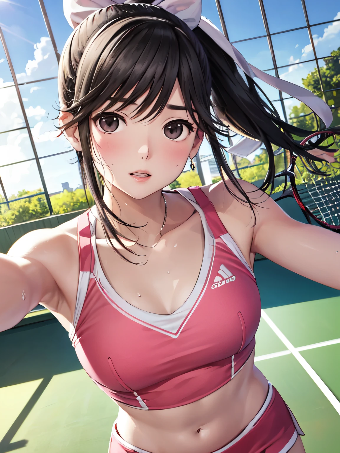 Super Detailed Game CG, (High resolution:1.1),(absurd:1.1), anime, Tennis court、pretty girl, 1 girl, takane manaka, small breasts, black hair ponytail, White and pink tennis wear, bangs, wind effect, reflection effect, Reddish cheeks、 beautiful perfect face, droopy eyes、With a wave of hands、trot、sweaty、dynamic angle、female tennis player、Hitting the tennis ball back