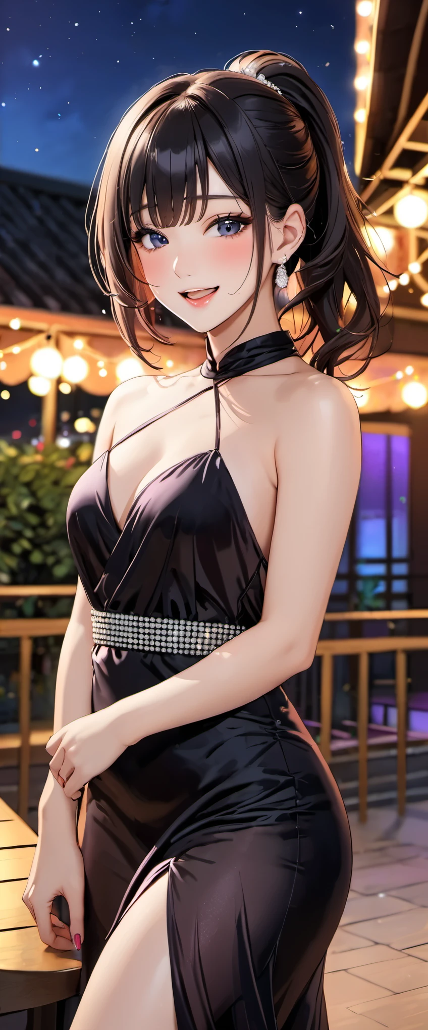 woman,20-year-old,,party venue,night,(((sexy silk dresses))),,open mouth smile((Beautiful ponytail)),((black hair)),blush、,,(See-through)