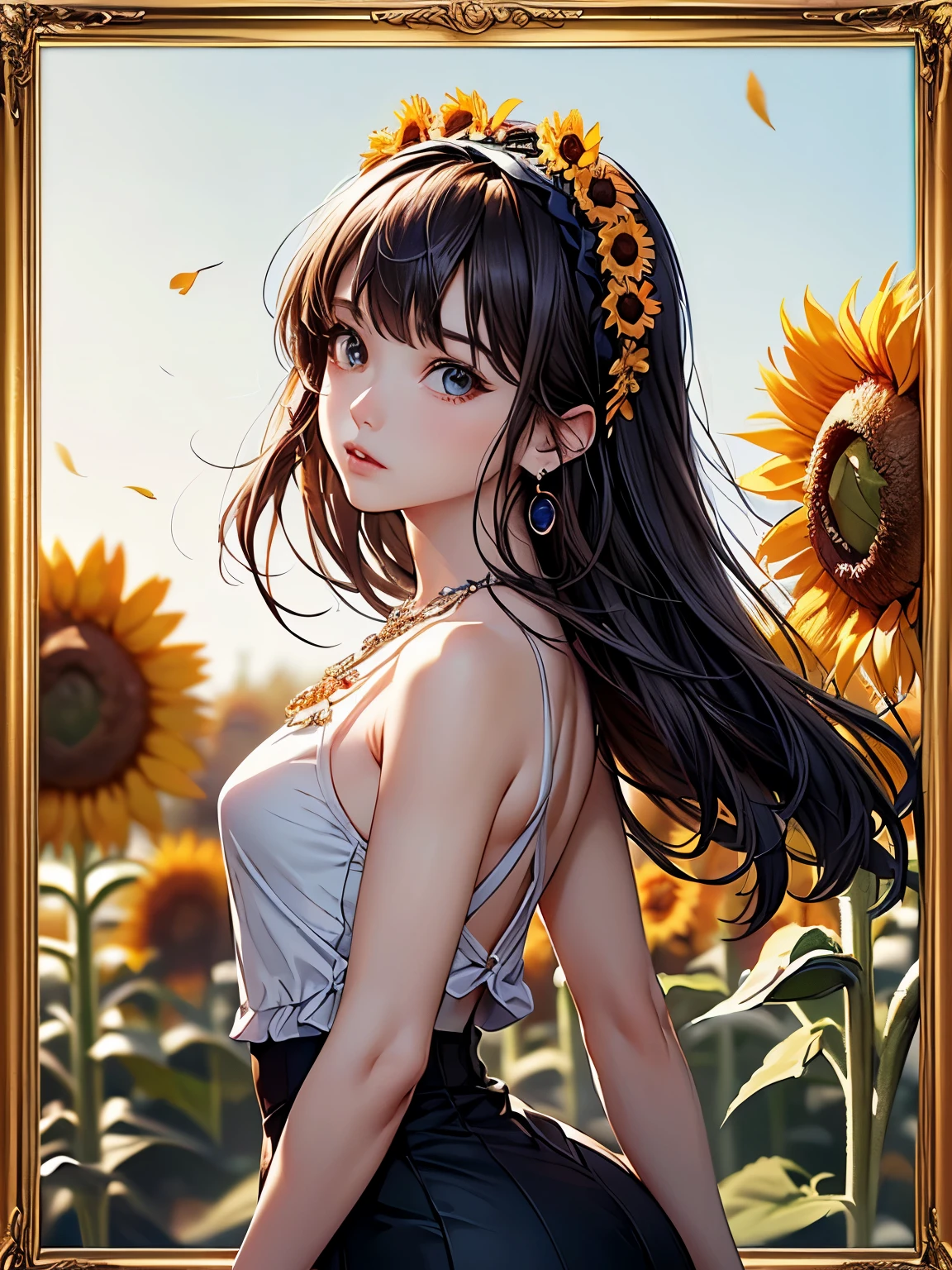 ((Biologically correct number of limbs))、4K、((standing position))、masterpiece、((focus on the face))、((Symmetrical facial features))、Eyes with detailed description、Beautiful woman、outstanding style、beautiful arms、beautiful legs、beautiful hands、(small ass、thin thighs)、Detailed depiction of faces、small earrings、necklace、(latex uniform、skirt、high heels、stockings)、Close-up of upper body including face、Background sunflowers in full bloom、hair band、Photo in a frame、