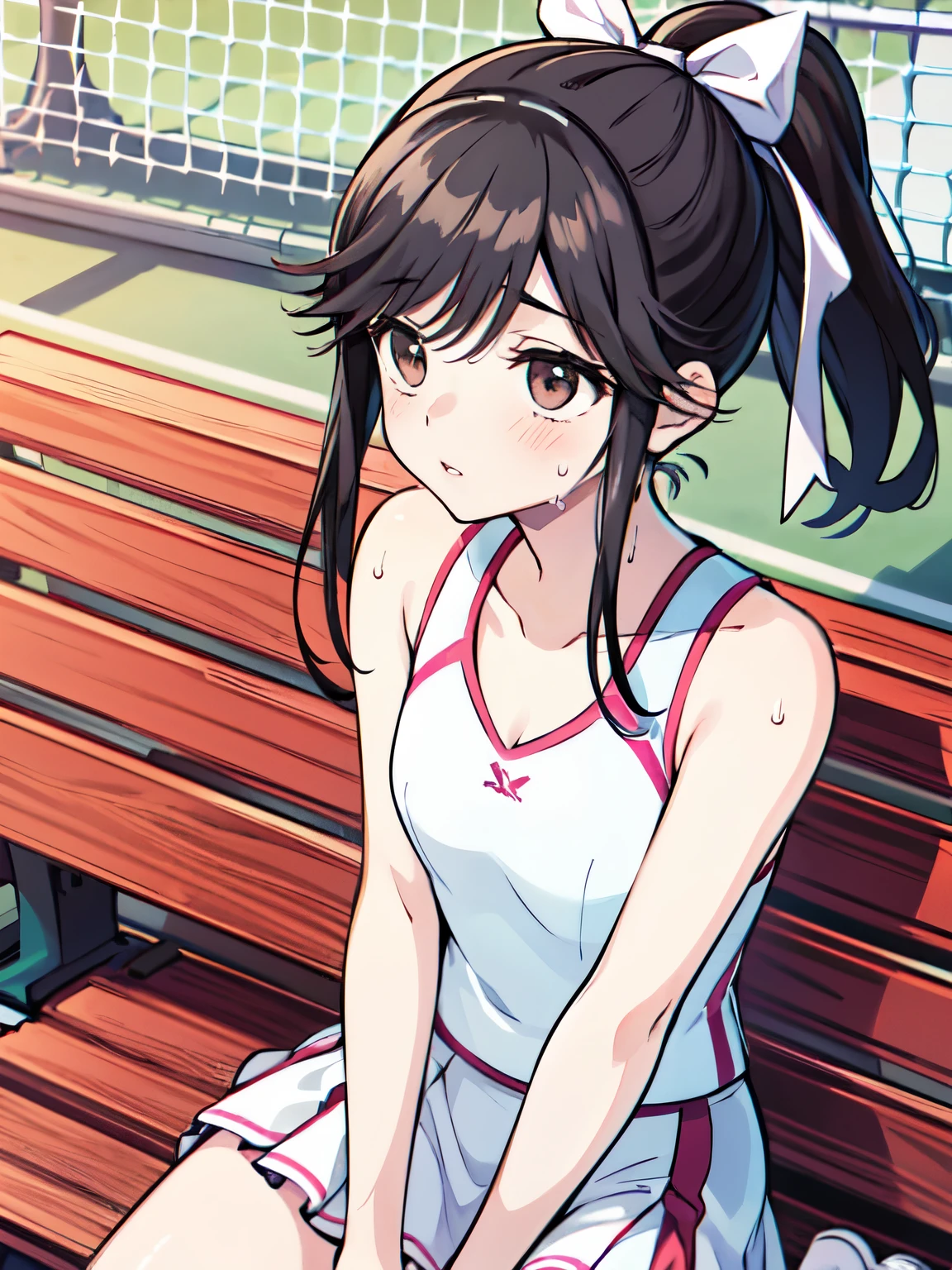 Super Detailed Game CG, (High resolution:1.1),(absurd:1.1), anime, Tennis court、pretty girl, 1 girl, takane manaka, small breasts, black hair ponytail, Loose white and pink tennis wear, bangs,  reflection effect, Reddish cheeks、 beautiful perfect face, droopy eyes、sit on a bench、sweaty、Drink a drink、look far away