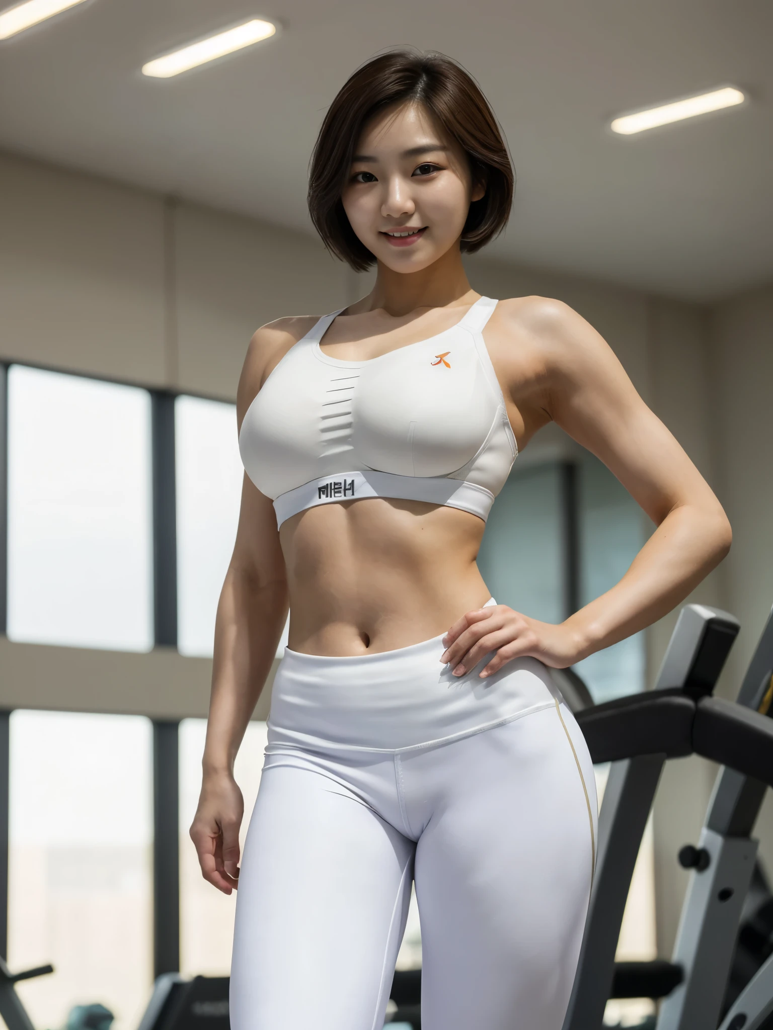 (The highest image quality:1.35), High quality, (8K:1.3), Realistic Photos, ((a One beautiful Korean woman:1.33)), Beautiful expression, (Eyes and faces with detailed:1.3), (Lustrous hair:1.3), (muscular body:1.2), (exercising in gym), Smiling, (Beautiful lighting:1.3), Super Detail, high detailing, High quality, High resolution, muscular build, (Large breasts:1.3), (able to see shape of nipple:1.2), (short hair-:1.33), ((Navel is visible)), (Wearing leggings:1.4),(Camel toe), (White sports Bra:1.33), (Standing Pose:1.3), (Depth of field f/1.8), (View Camera Lens:1.35), Sharp Focus, Raw photo,