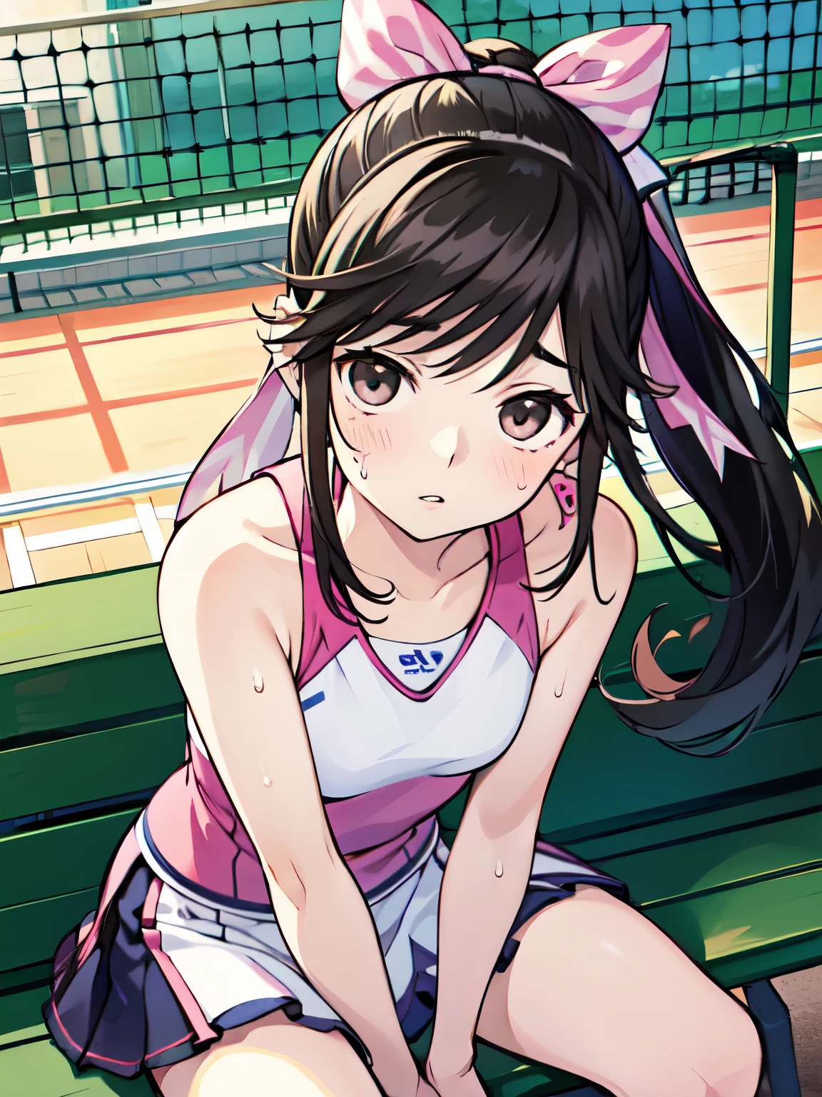 Super Detailed Game CG, (High resolution:1.1),(absurd:1.1), anime, Tennis court、pretty girl, 1 girl, takane manaka, small breasts, black hair ponytail, Loose white and pink tennis wear, bangs,  reflection effect, Reddish cheeks、 beautiful perfect face, droopy eyes、sit on a bench、sweaty、Drink a drink、look far away