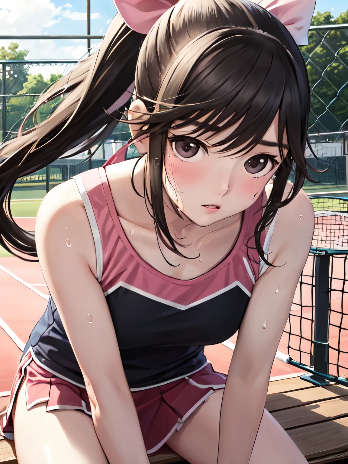 Super Detailed Game CG, (High resolution:1.1),(absurd:1.1), anime, Tennis court、pretty girl, 1 girl, takane manaka, small breasts, black hair ponytail, Loose white and pink tennis wear, bangs,  reflection effect, Reddish cheeks、 beautiful perfect face, droopy eyes、sit on a bench、sweaty、Drink a drink、look far away