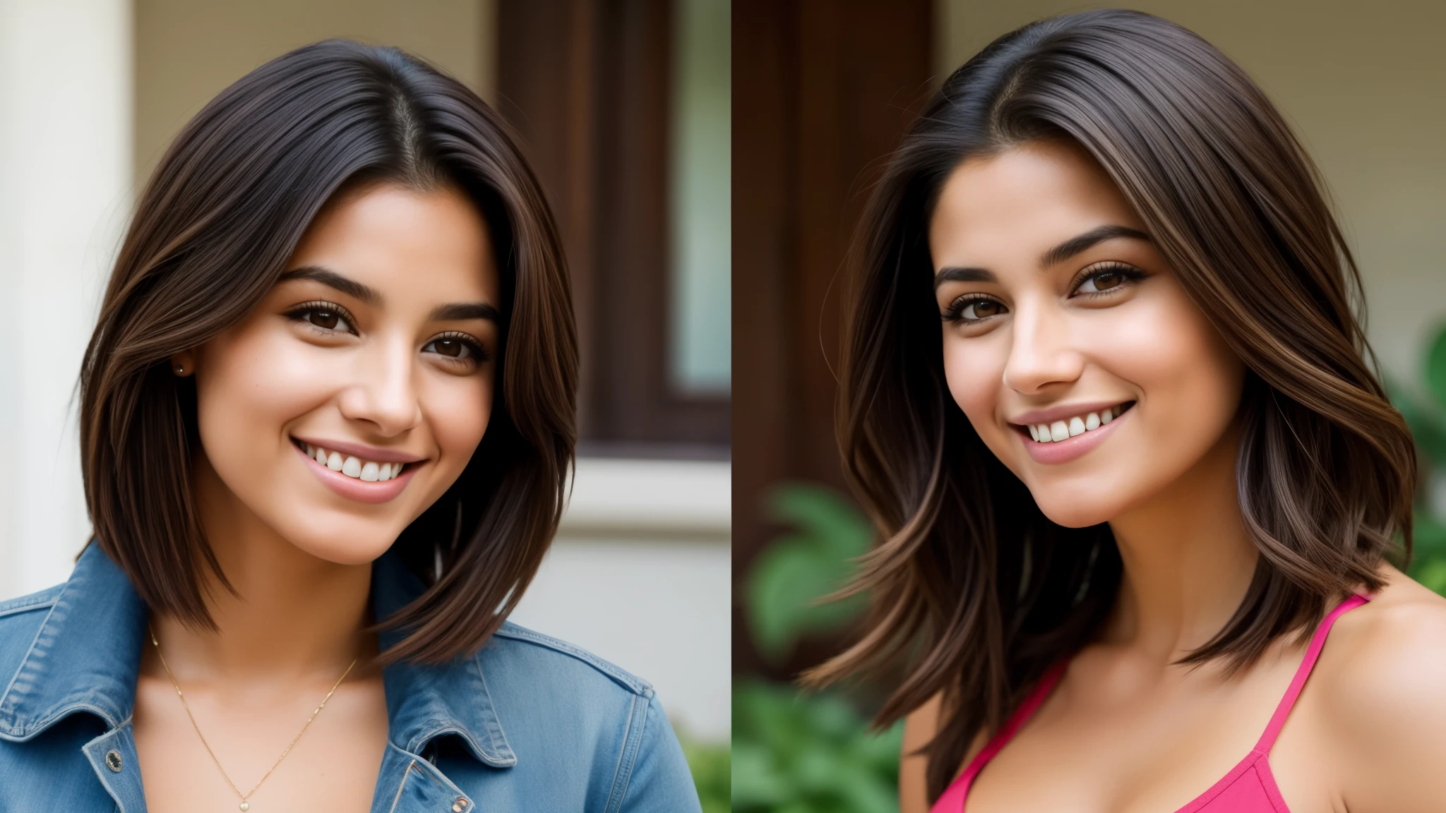 Isabel Merced and friend, portrait, (wolf_cut hair), smiling, beautiful face, perfect face, ultra realistic, front view, photo realistic