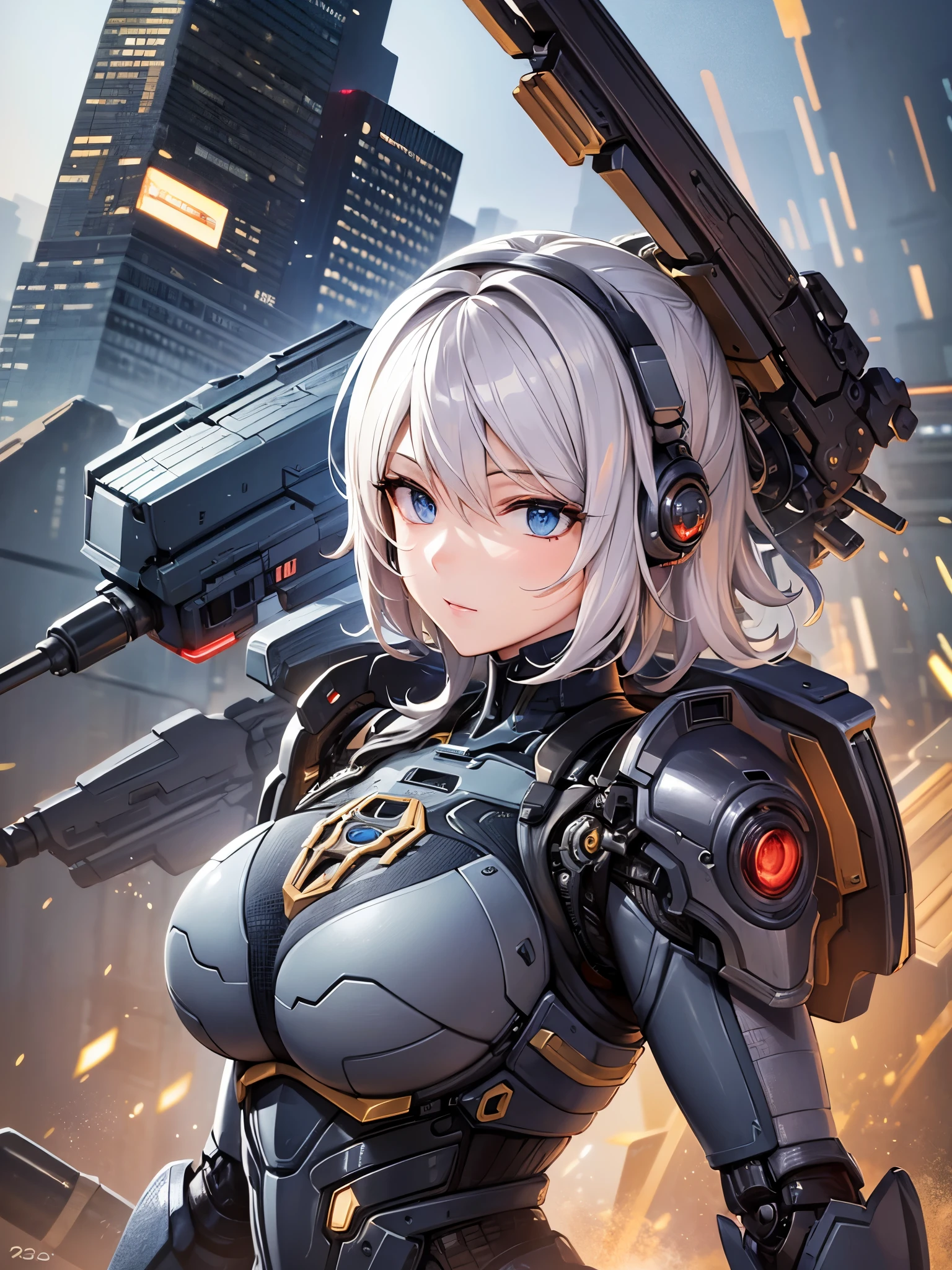 ((highest quality)),(ultra high resolution),(Super detailed),(detailed description),((best CG)),(best work of art),super precision art,amazing drawing art,(Sci-fi art with precise details:1.5), (woman:1.7),(beautiful and well-shaped face:1.7),((A detailed and intricately rendered mechanical combat suit:1.6)),mechanical harness:1.4,Mechanical protector:1.6,full armor:1.5,missile launcher:1.5,