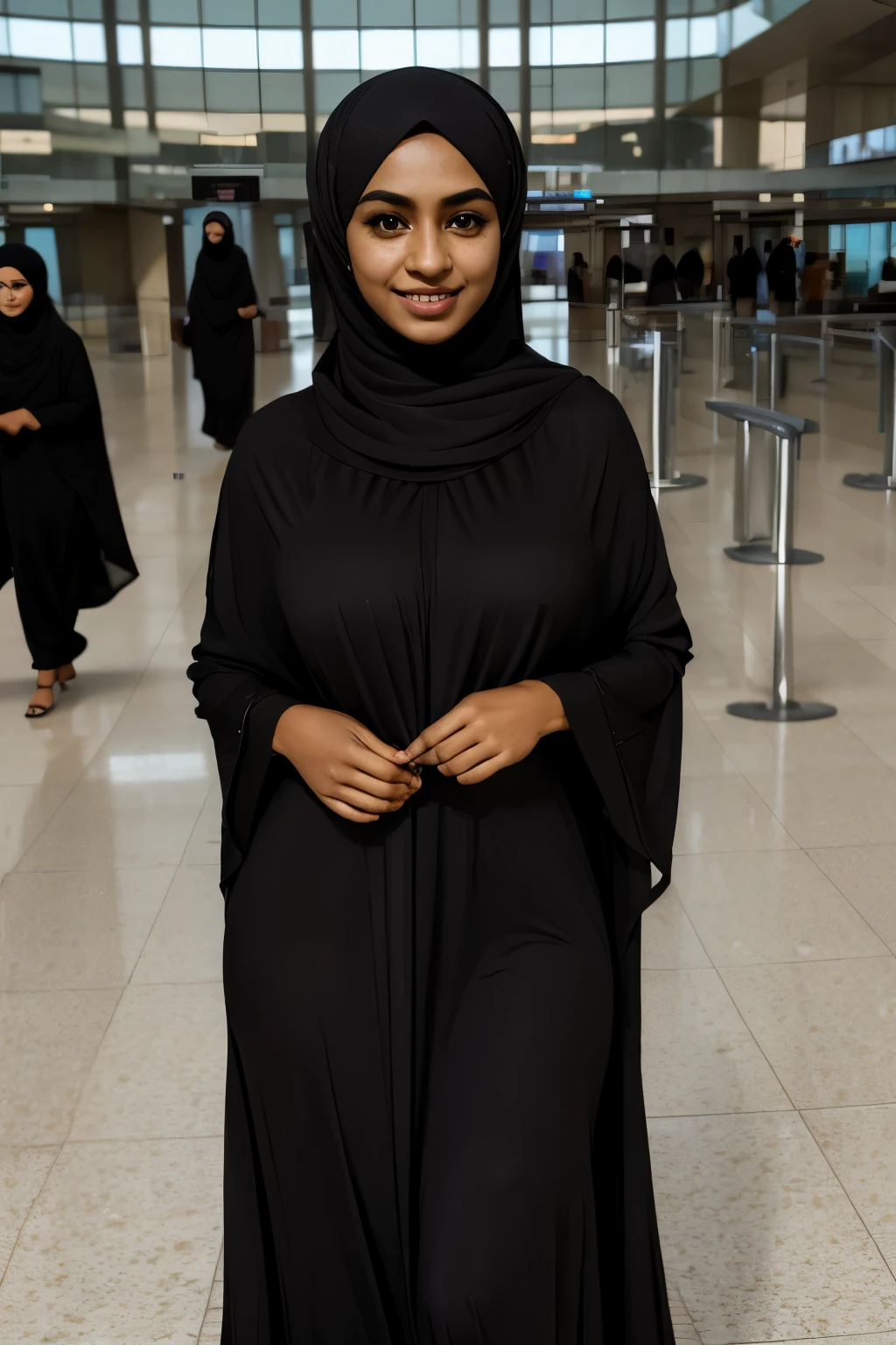 dark skinned arabian girl, close up, face focus, big breasts, standing in a dress that covers her body, abaya dress, modest, perfect face quality, youthful, huge breasts, teen, young, slim, thin, skinny, cute face, adorable, LyraLaw, hijab, Walking in an airport, big smile, lots of freckles, 
